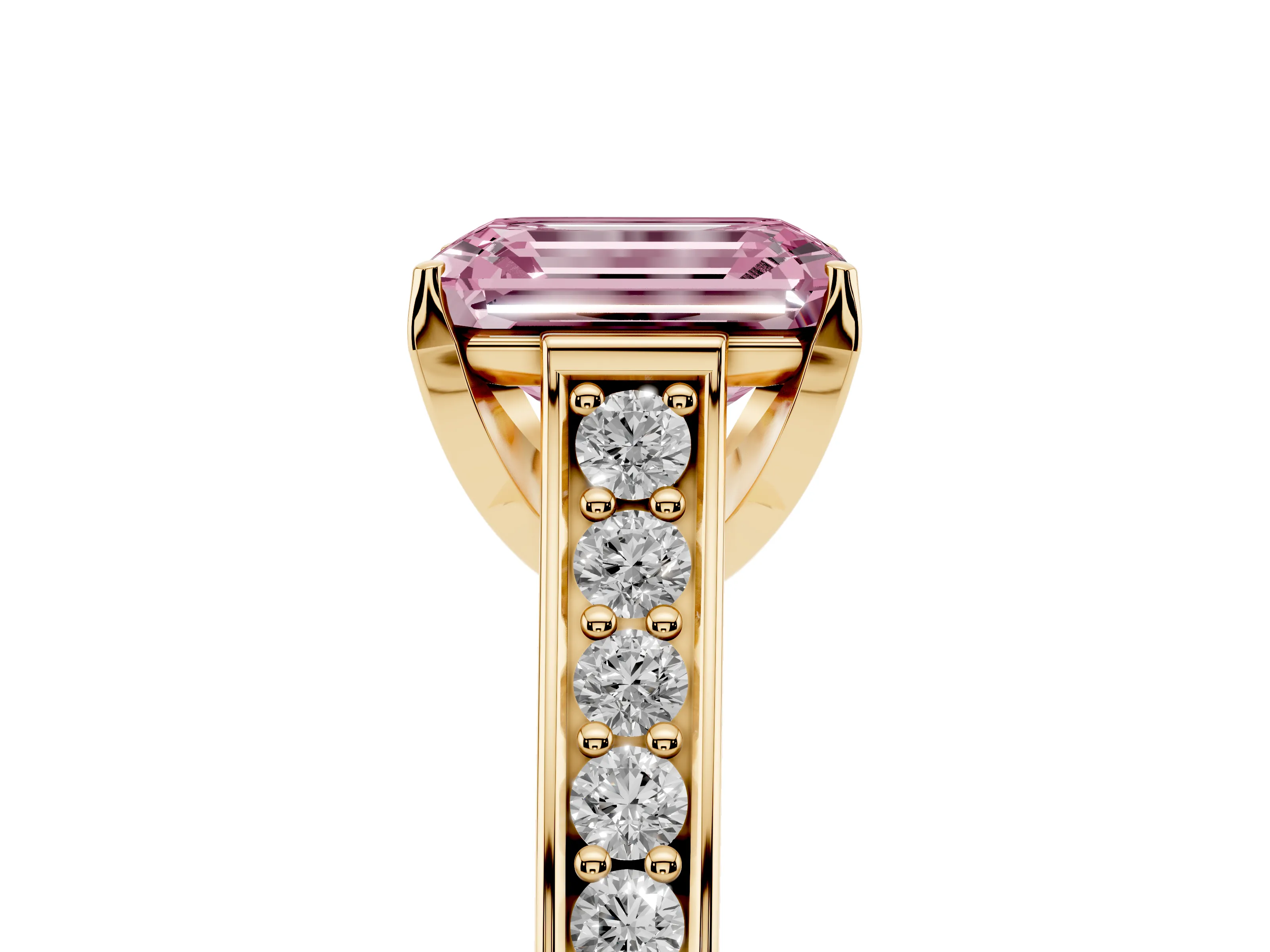 Fancy Pink Emerald Cut Diamond Solitaire Pavé Engagement Ring Set in Yellow gold with Prong Setting