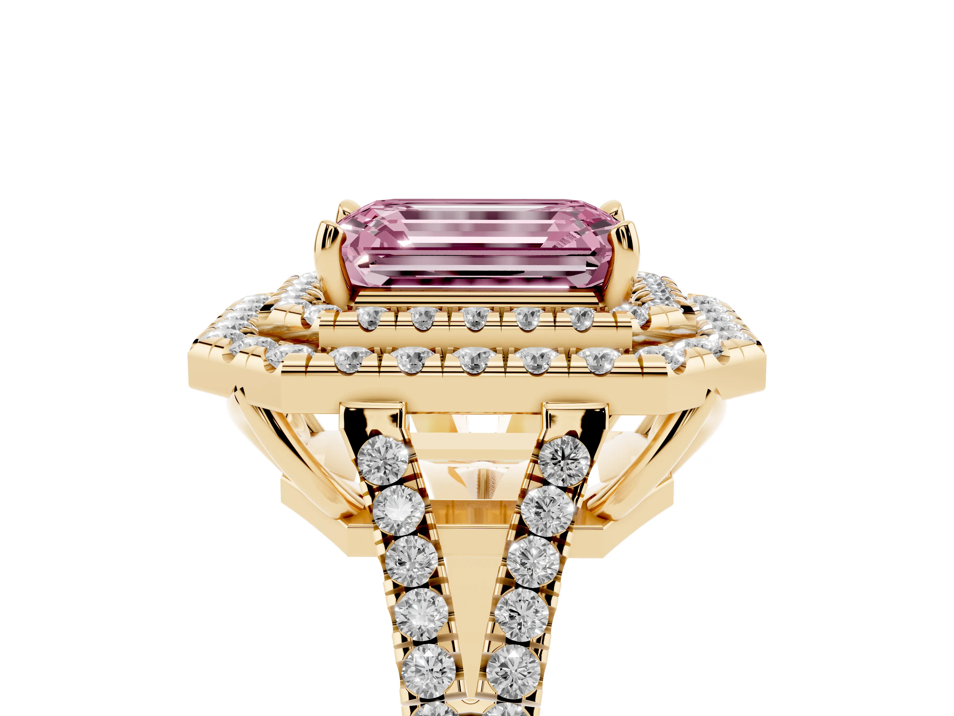 Fancy Pink Emerald Cut Diamond Double Halo Ring Set in Yellow gold with Pavé Band