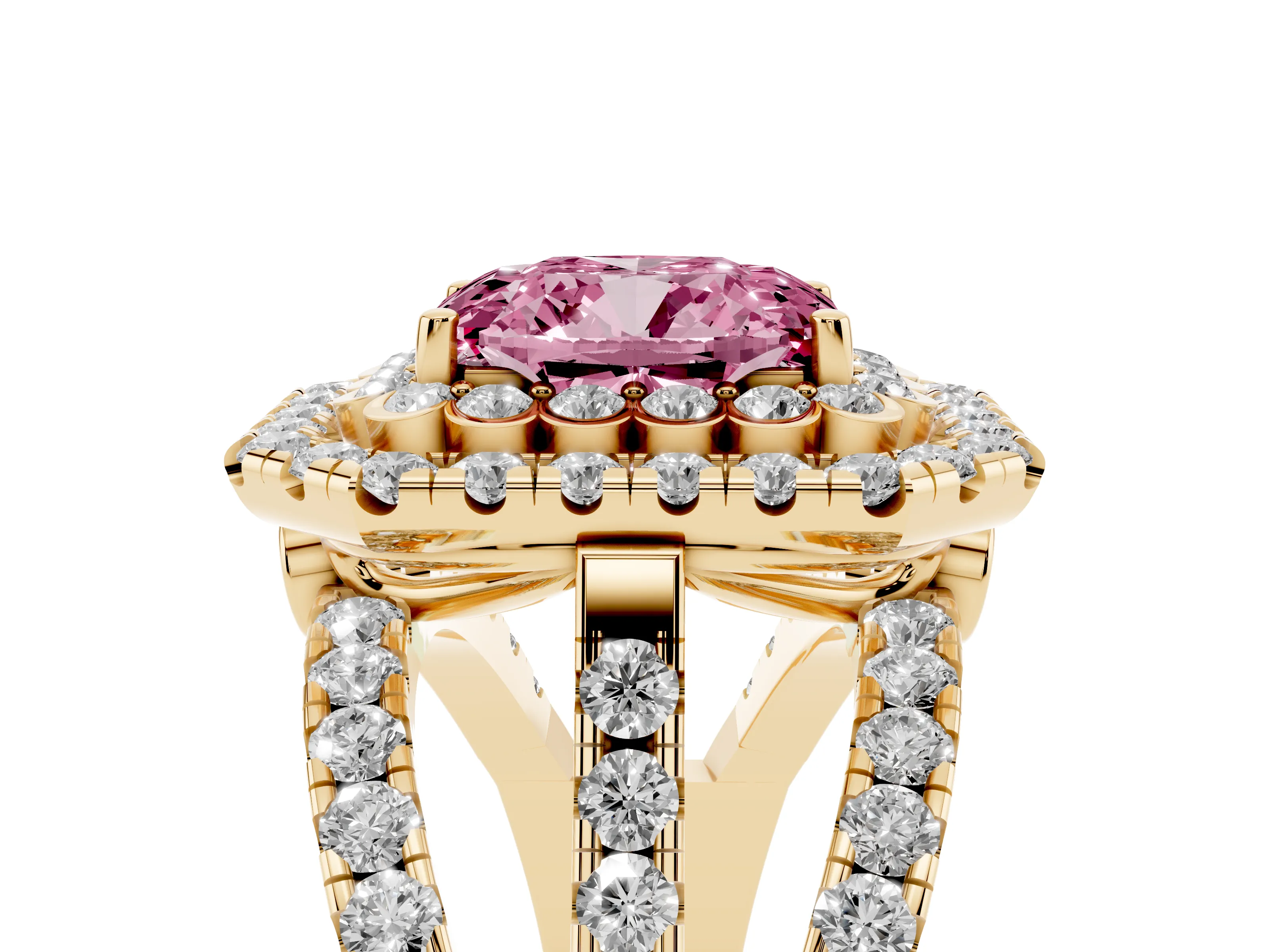 Fancy Pink Emerald Cut Diamond Double Halo Ring Set in Yellow gold with Round Pavé Split Shank