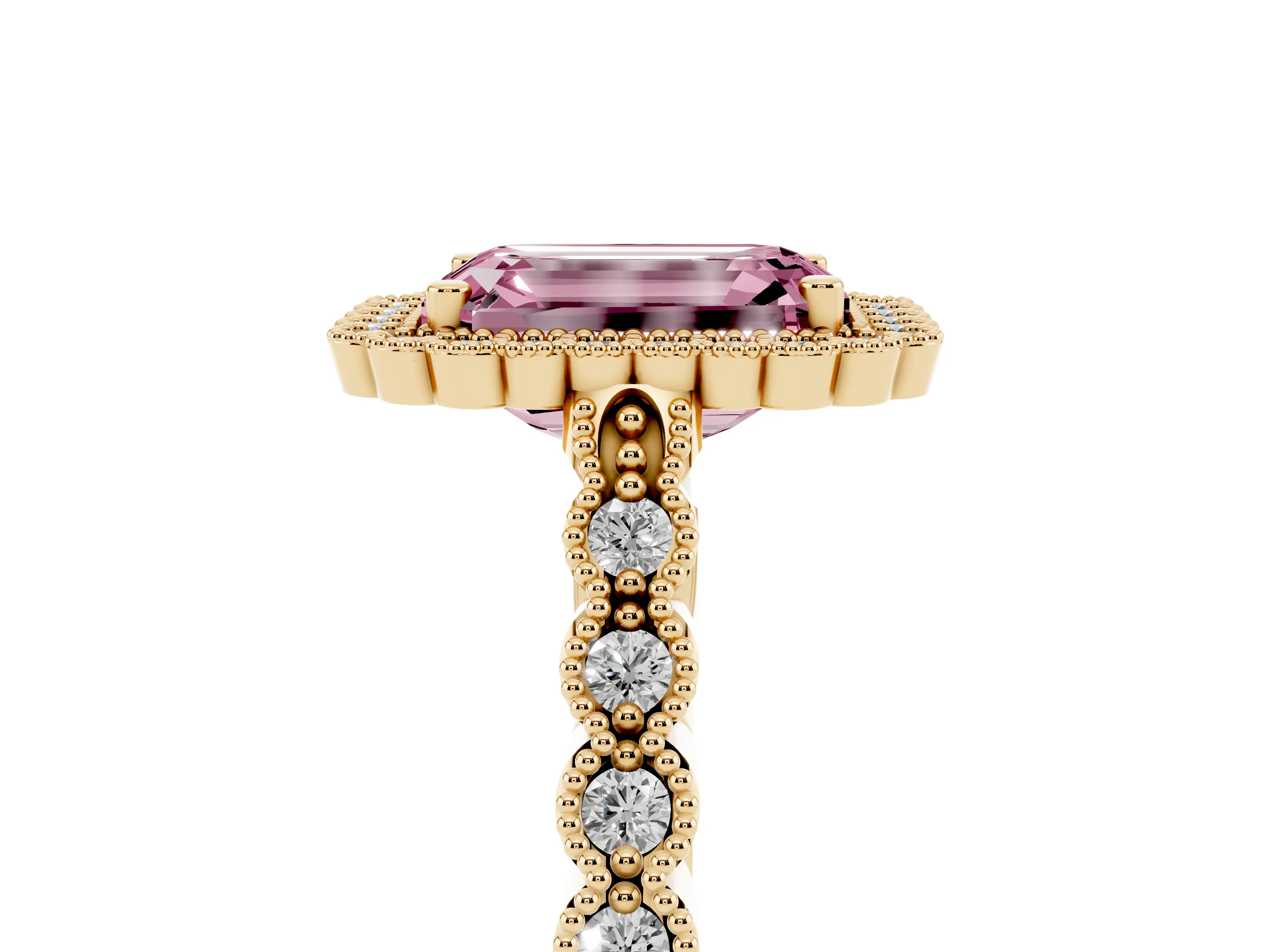 Fancy Pink Emerald Cut Diamond Halo Ring Set in Yellow gold with Pavé Milgrain Band
