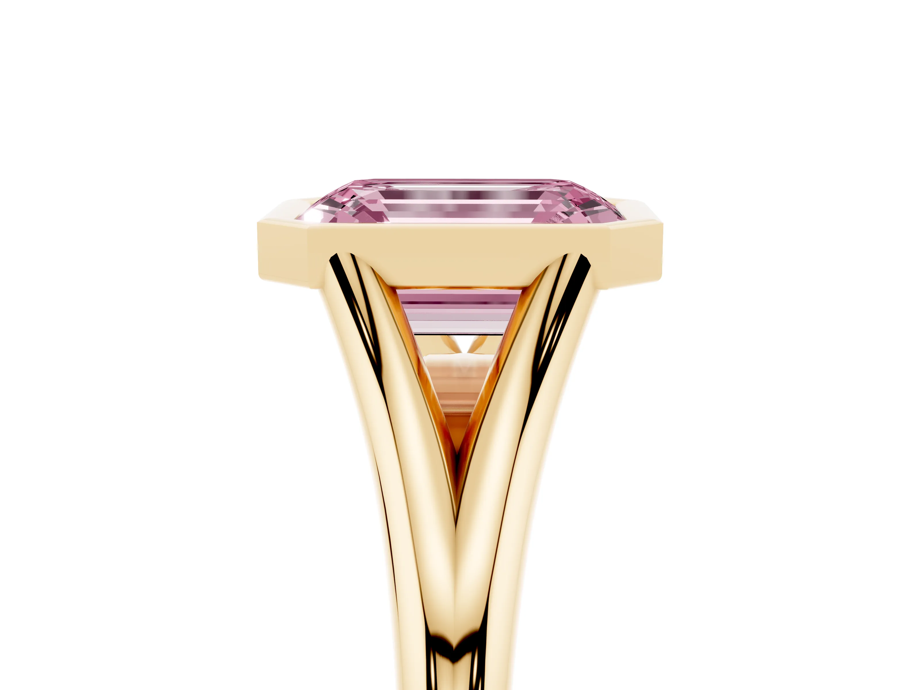 Fancy Pink Bezel Set Emerald Cut Diamond Solitaire Ring Set in Yellow gold with Tapered Band