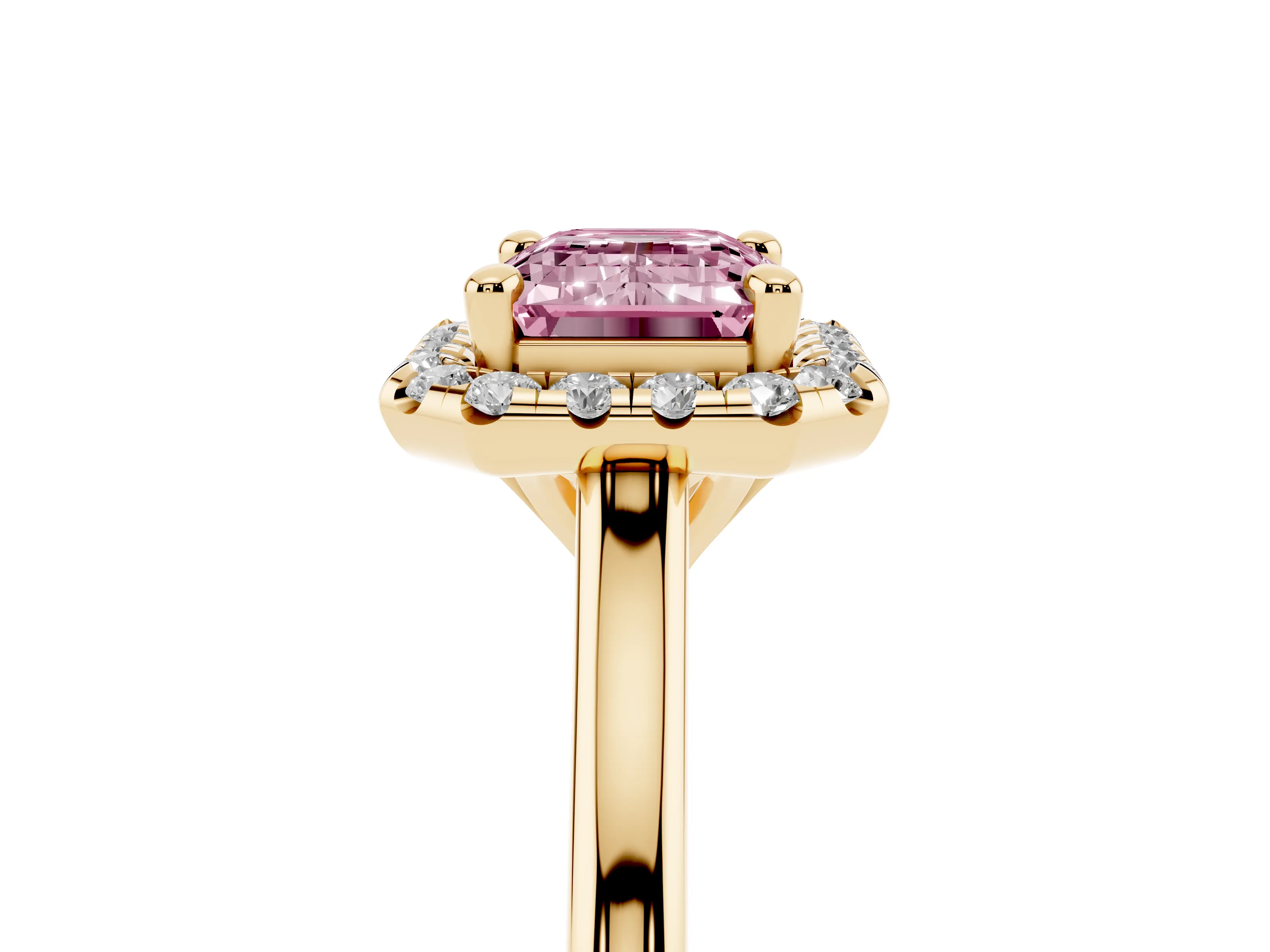 Fancy Pink Emerald Cut Diamond Halo Engagement Ring Set in Yellow gold with Pavé Band and Rising Shoulders