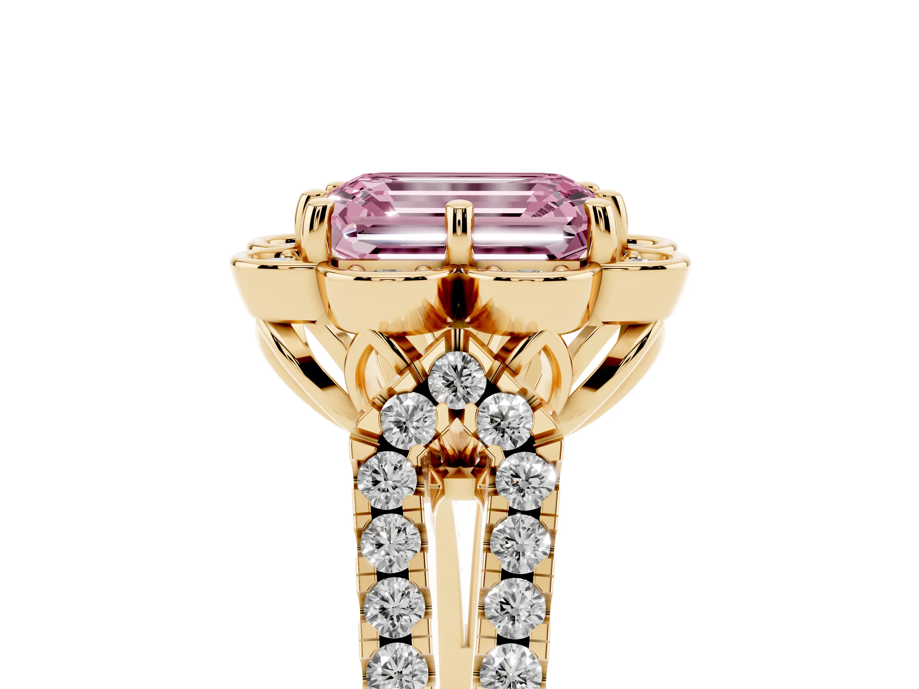 Fancy Pink Emerald Cut Diamond Floral Halo Split Shank Engagement Ring Set in Yellow gold with Pavé Shank