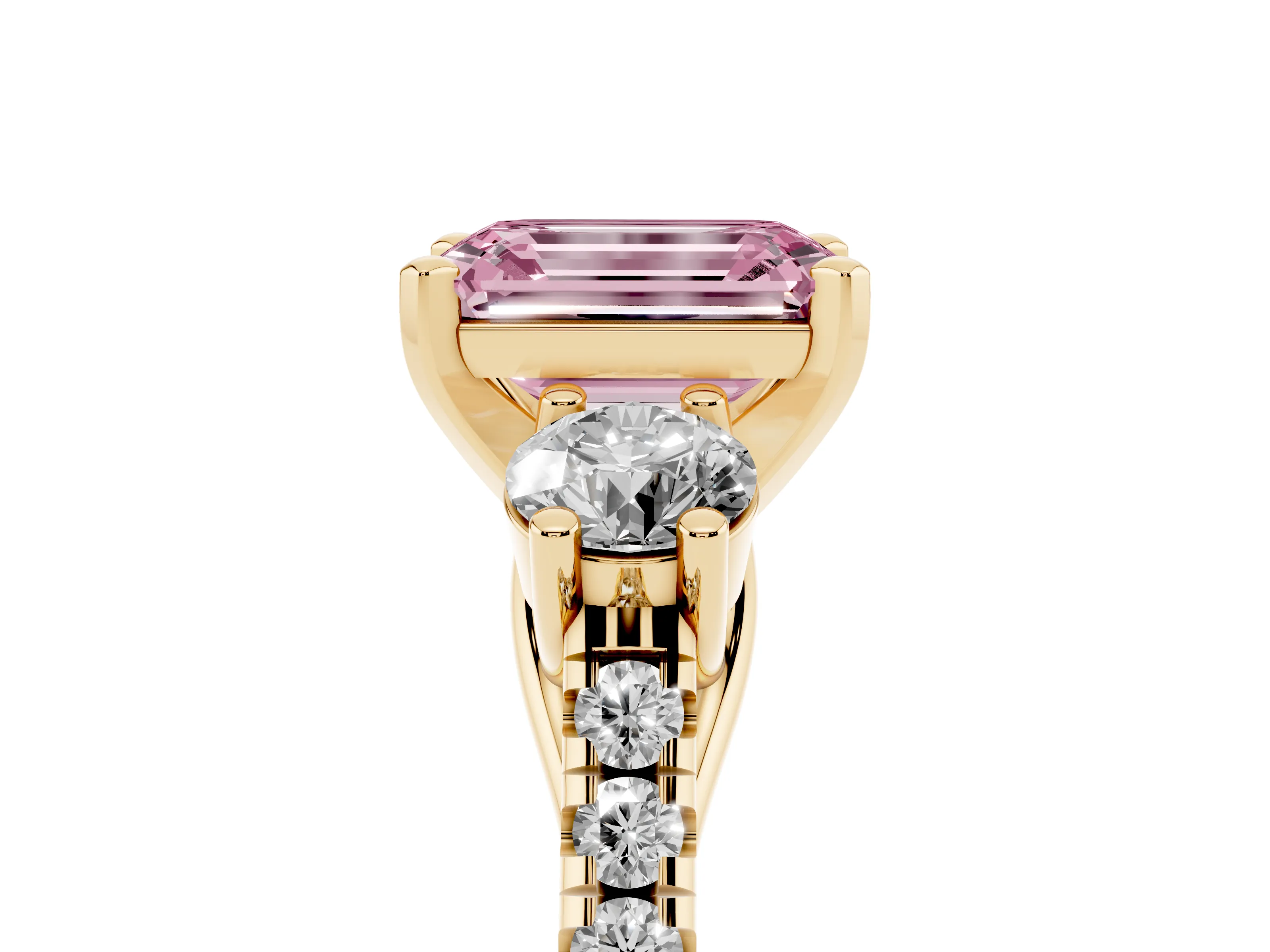 Fancy Pink Three-Stone Emerald Cut Diamond Pavé Band Ring Set in Yellow gold with Prong-Set Trio