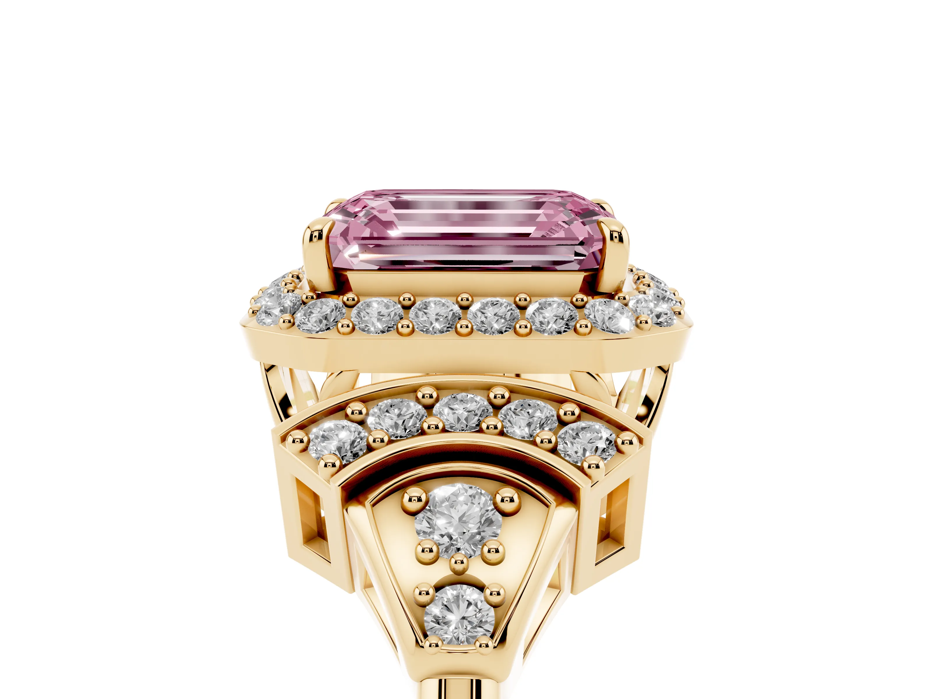 Fancy Pink Emerald Cut Diamond Halo Engagement Ring Set in Yellow gold with Accent Stone Split Shank