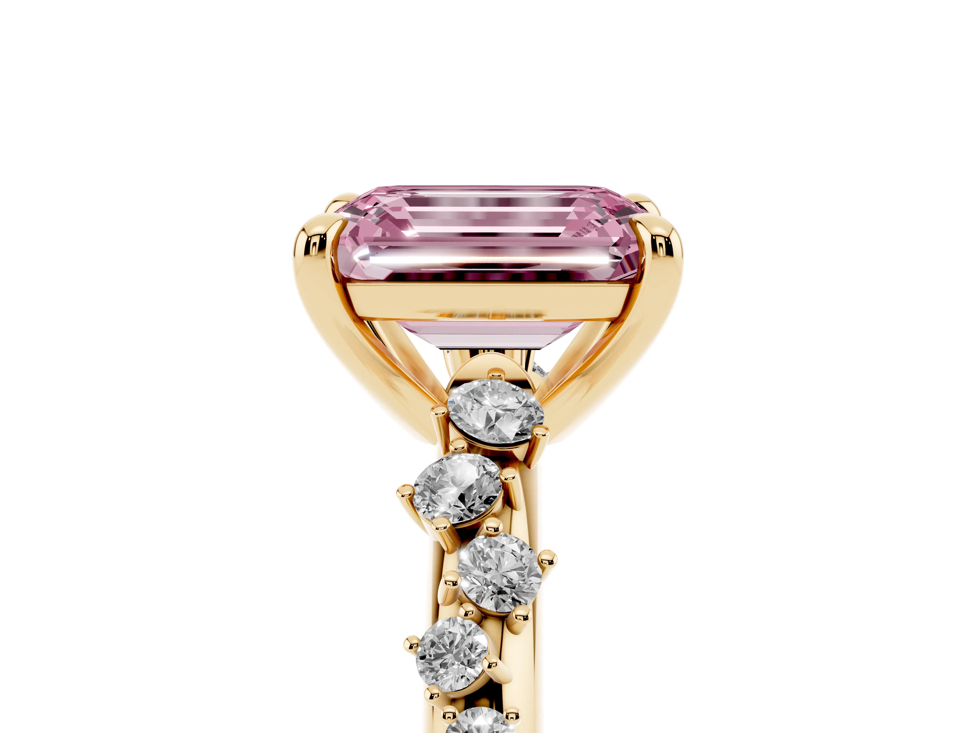 Fancy Pink Emerald Cut Diamond Solitaire Vine Band Ring Set in Yellow gold with Round Accents and Prong Setting