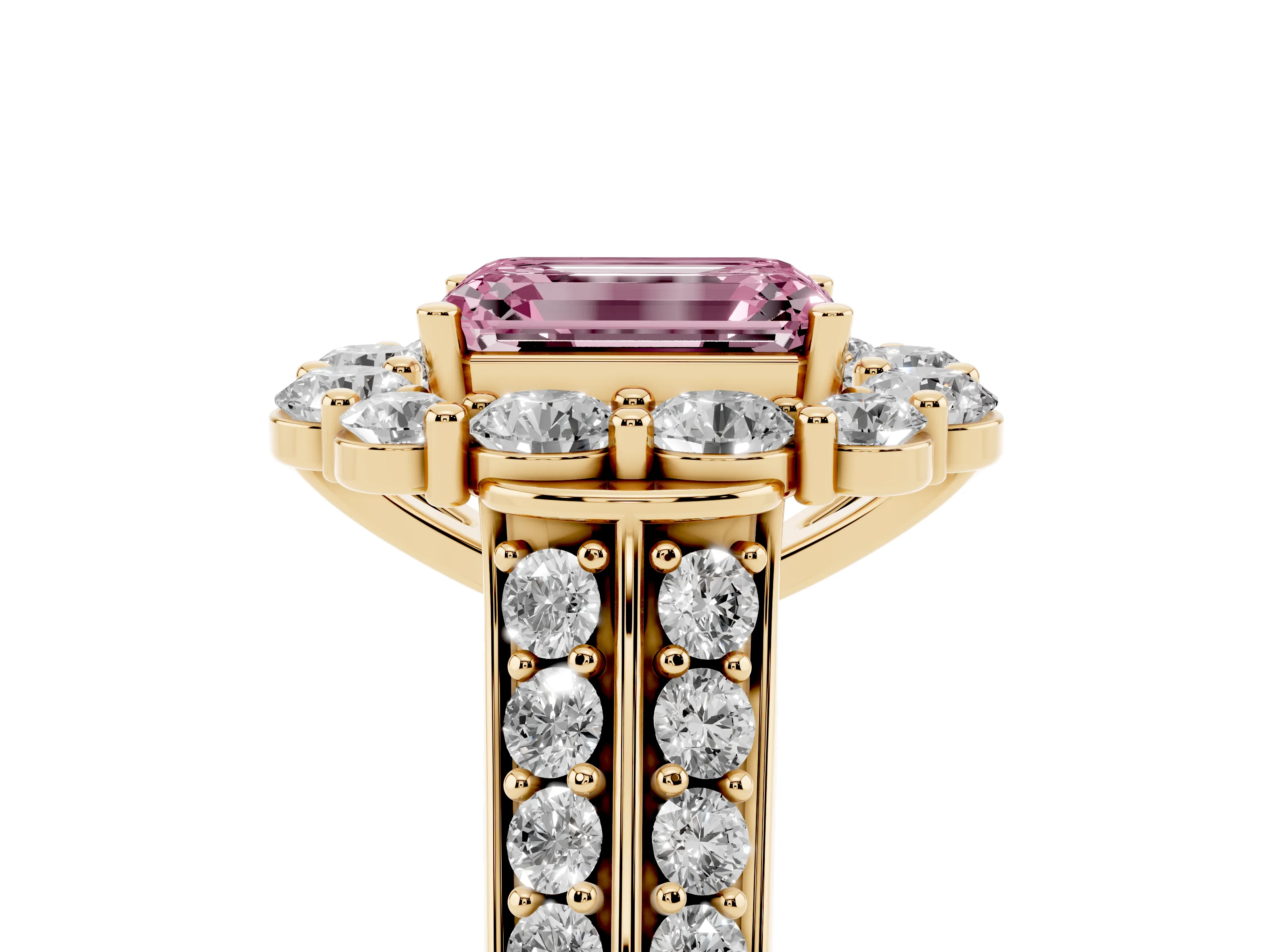 Fancy Pink Emerald Cut Diamond Halo Engagement Ring Set in Yellow gold with Split Shank and Prong Setting