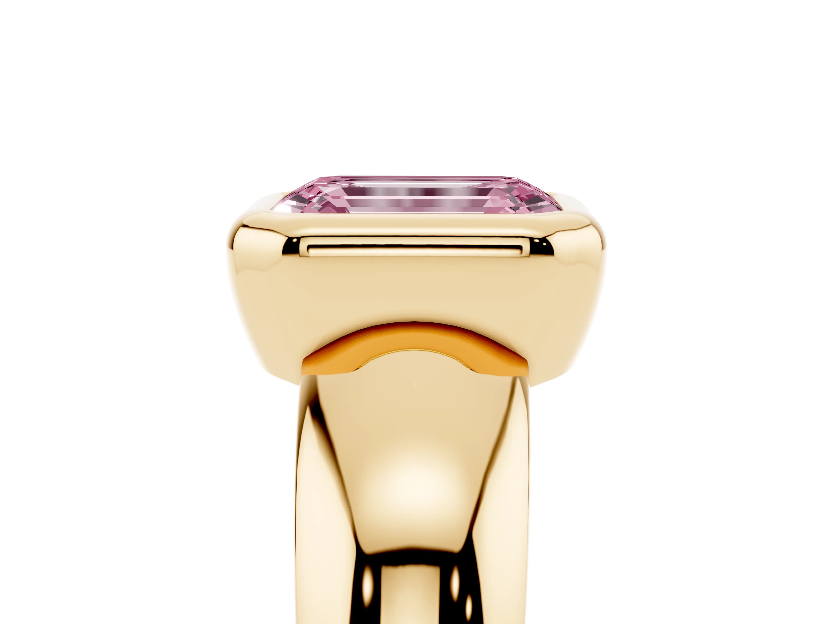 Fancy Pink Bezel Set Emerald Cut Diamond Solitaire Ring Set in Yellow gold with Wide Band