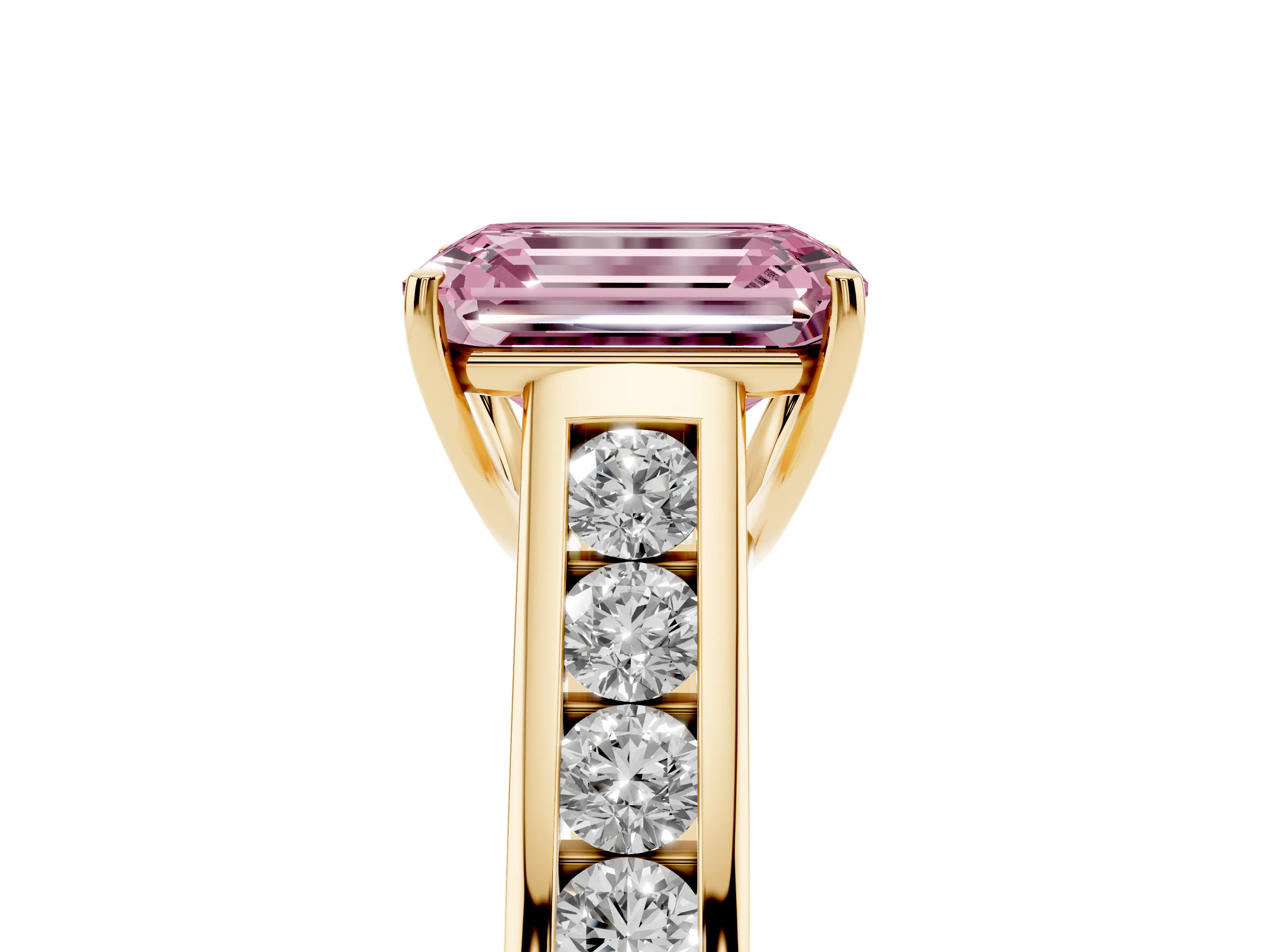Fancy Pink Emerald Cut Diamond Solitaire Channel-Set Engagement Ring Set in Yellow gold with Prong Setting