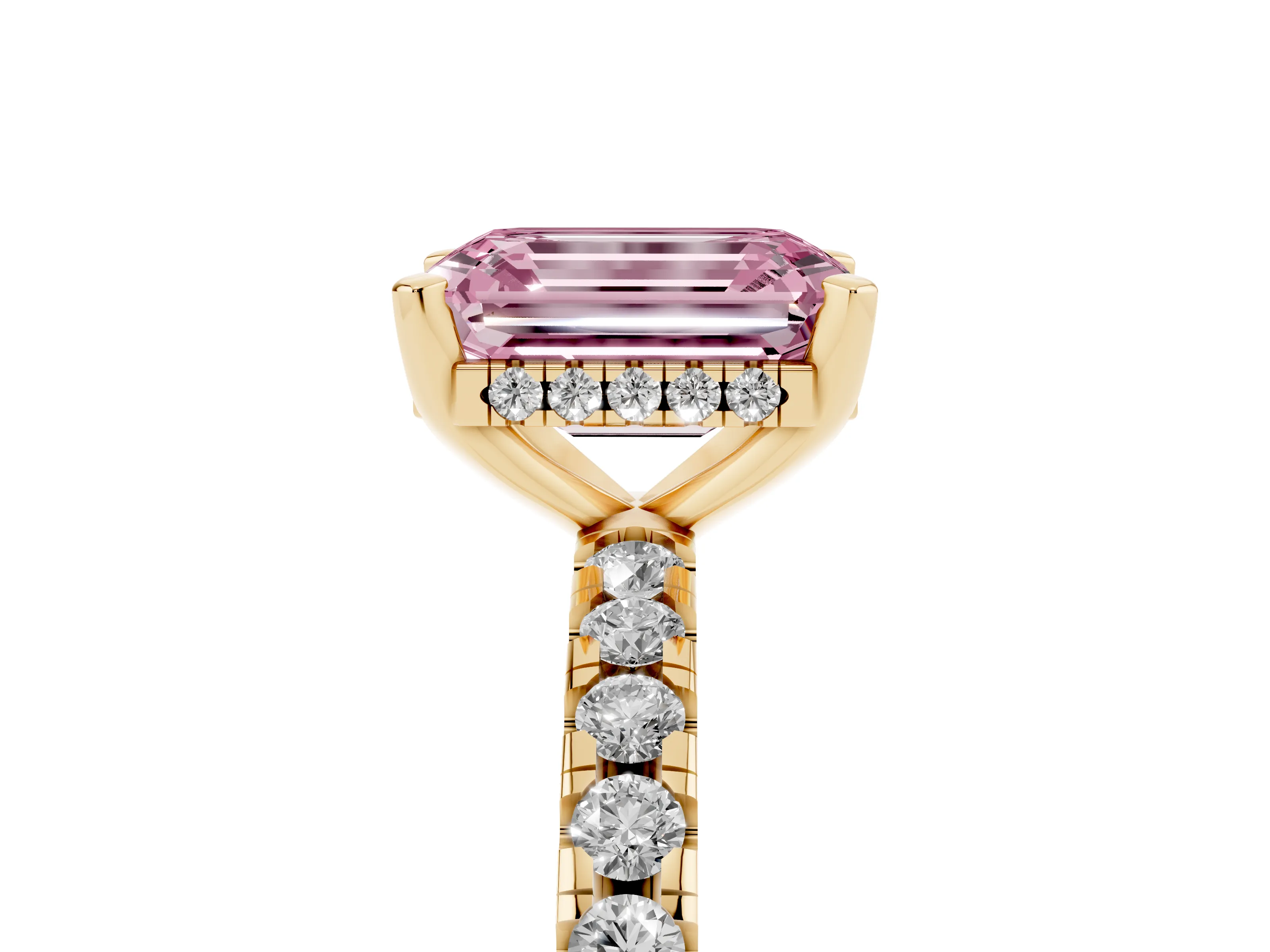 Fancy Pink Emerald Cut Diamond Pavé Solitaire Ring Set in Yellow gold with Round Band Accents and Prong Setting