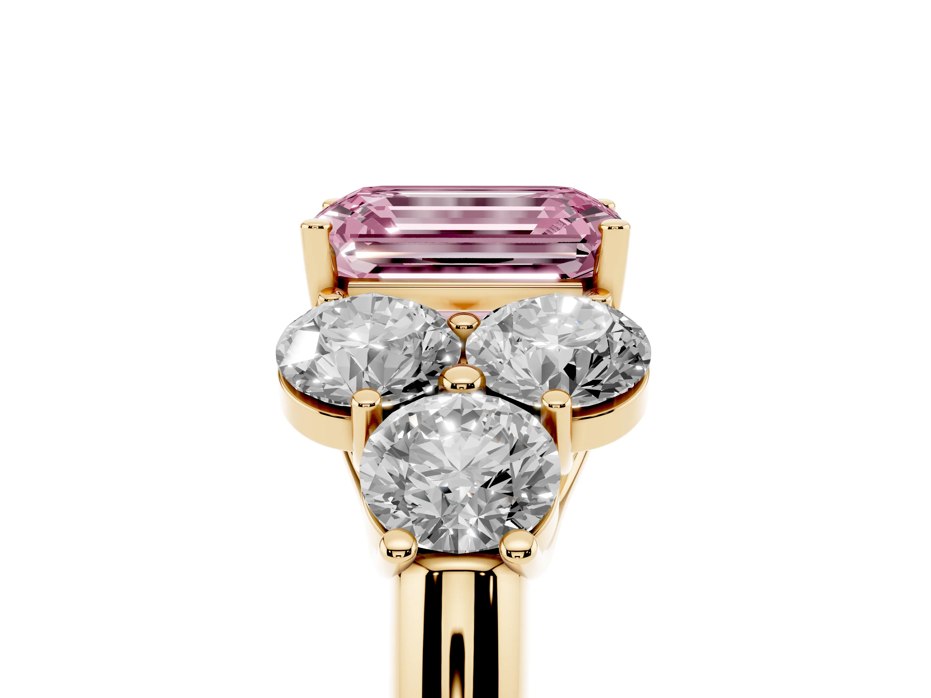 Fancy Pink Emerald Cut Diamond Cluster Ring Set in Yellow gold with Round Accent Stones and Prong Setting on a Plain Band
