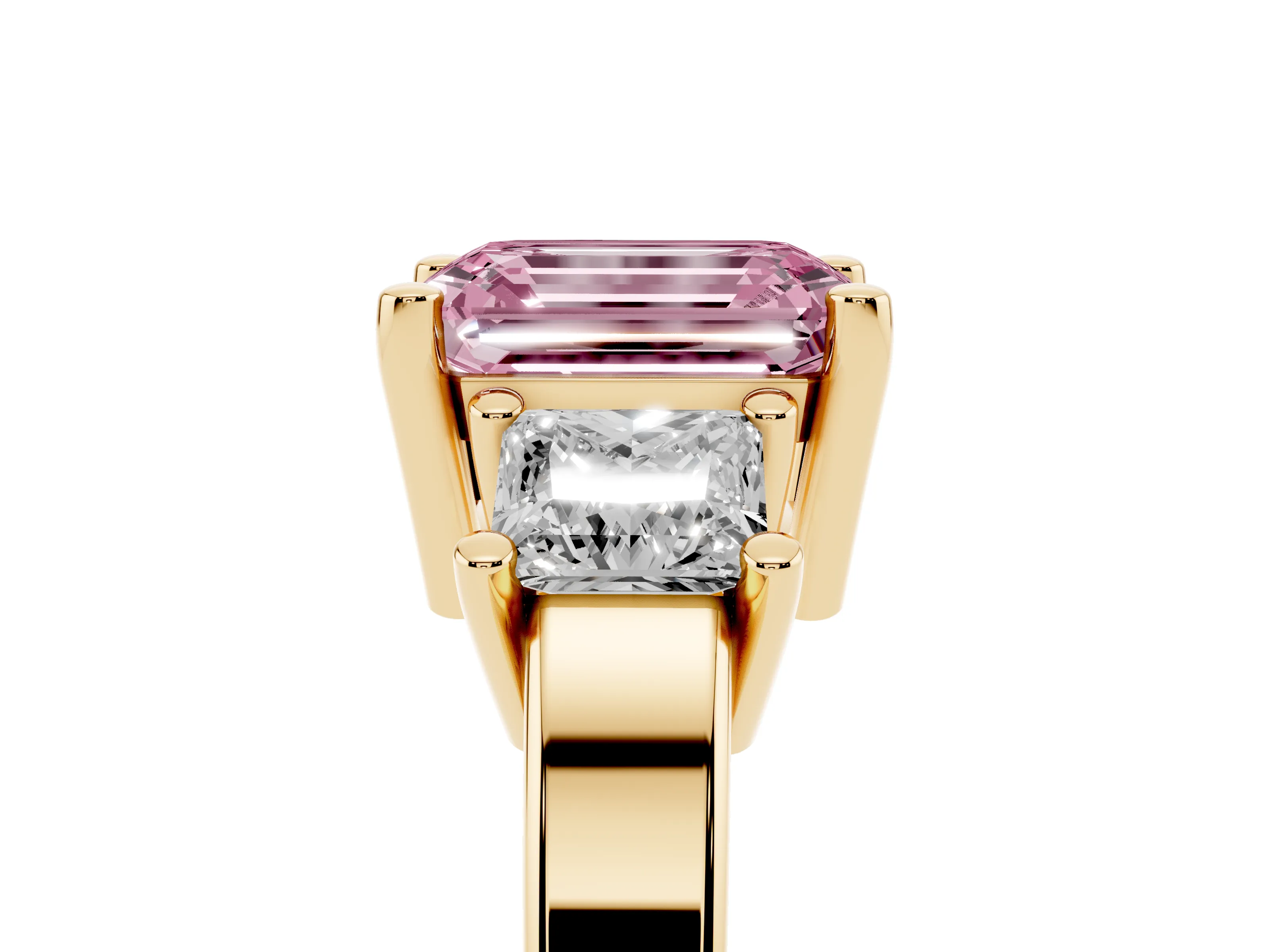 Fancy Pink Three-Stone Emerald Cut Diamond Solitaire Ring Set in Yellow gold with Prong Setting