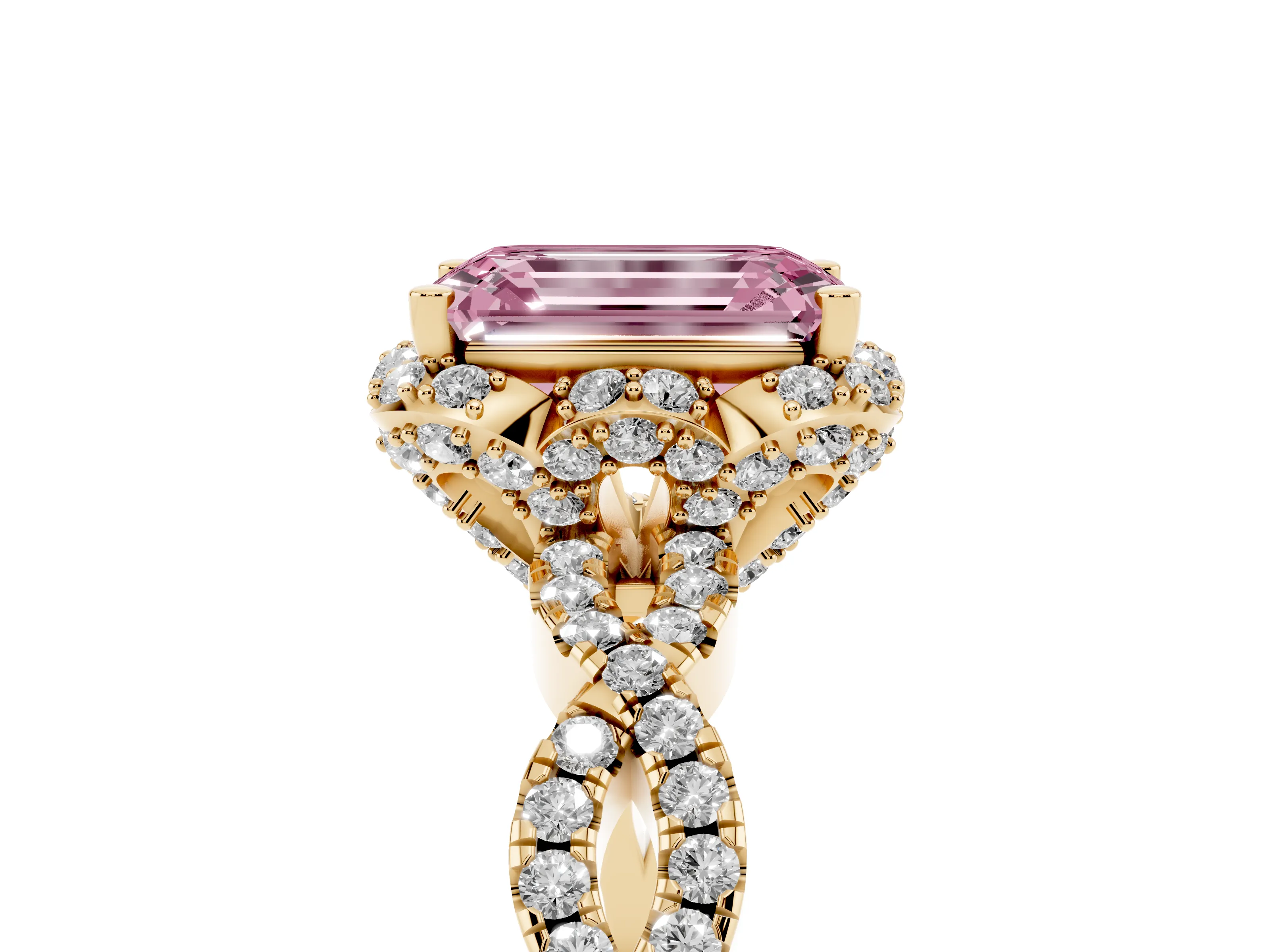 Fancy Pink Emerald Cut Diamond Halo Twist Band Solitaire Ring Set in Yellow gold with Prong-Set Center Stone