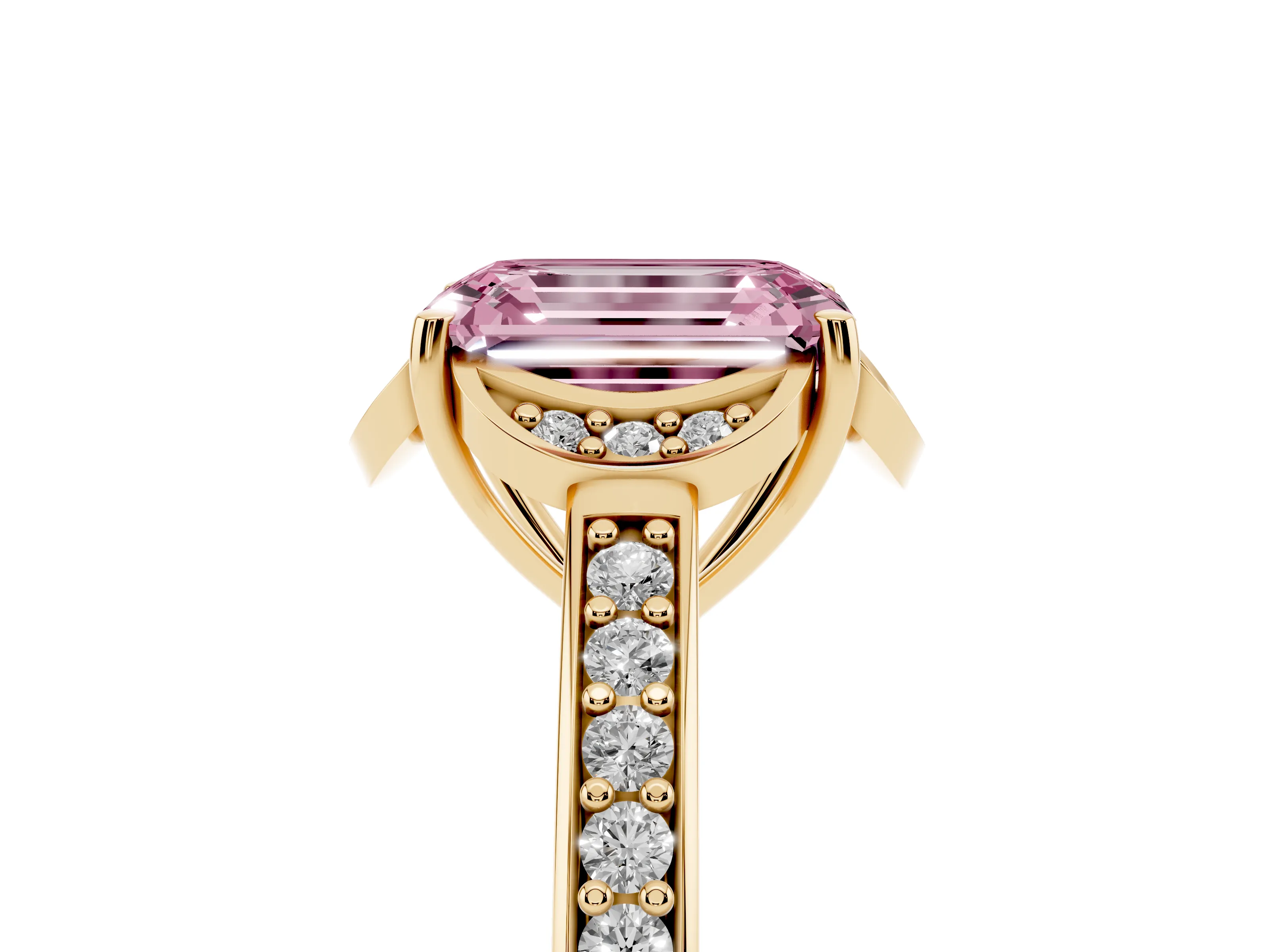 Fancy Pink Emerald Cut Diamond Halo Ring Set in Yellow gold with Channel Set Band and Prong Setting