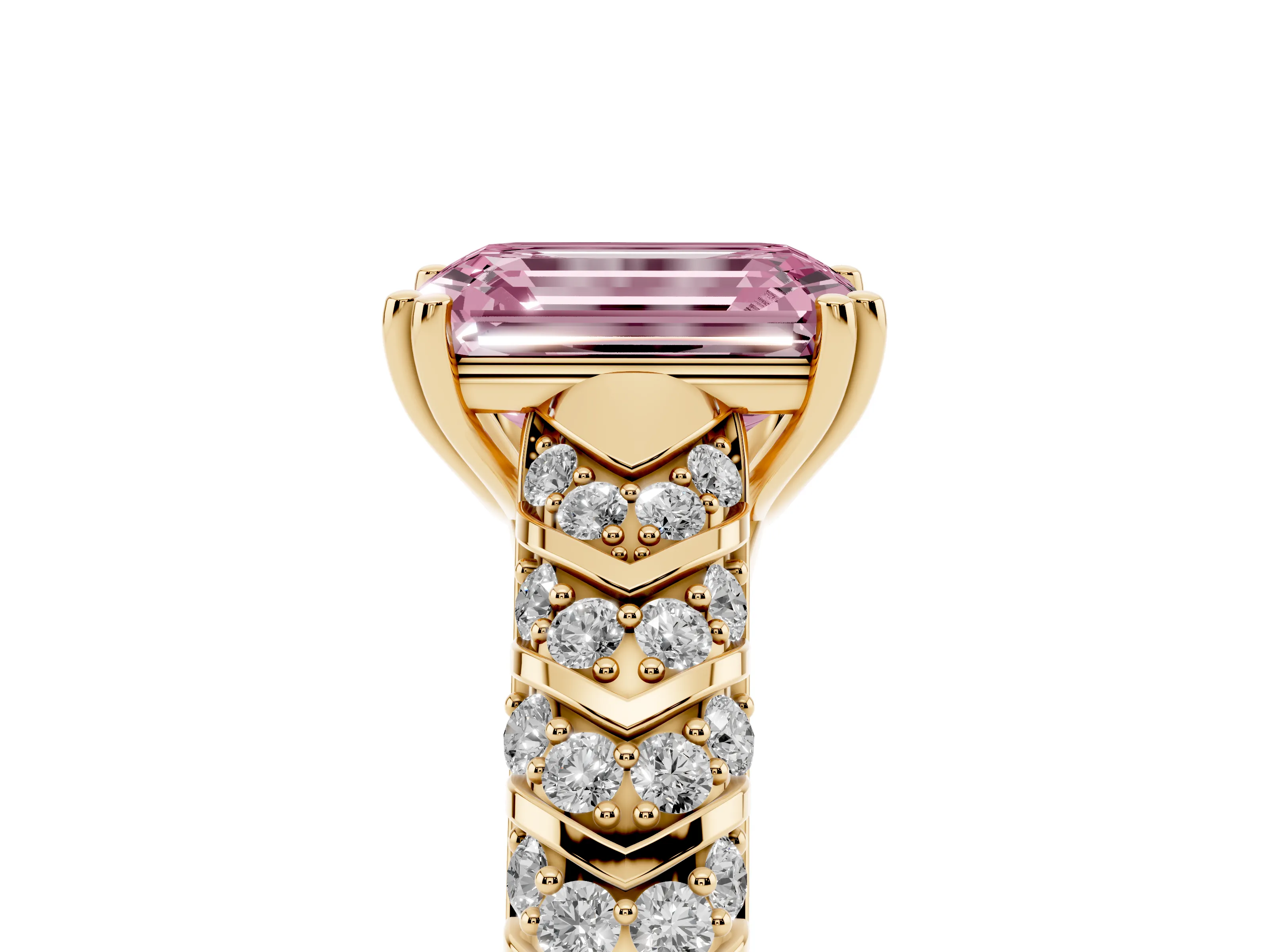 Fancy Pink Emerald Cut Diamond Solitaire Chevron Pavé Engagement Ring Set in Yellow gold with Prong Setting