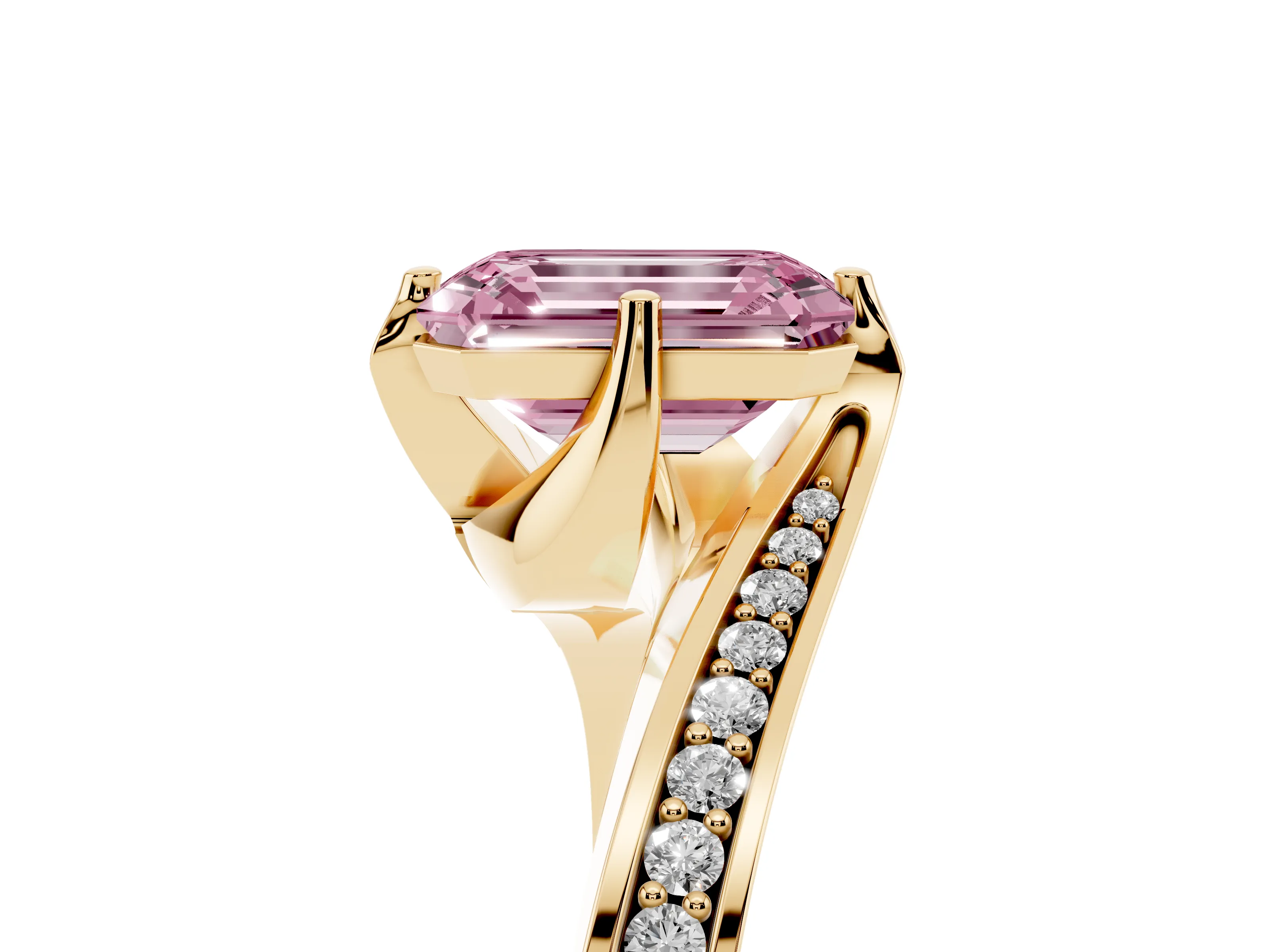 Fancy Pink Emerald Cut Diamond Solitaire Ring Set in Yellow gold with Intertwined Pavé Twist Band