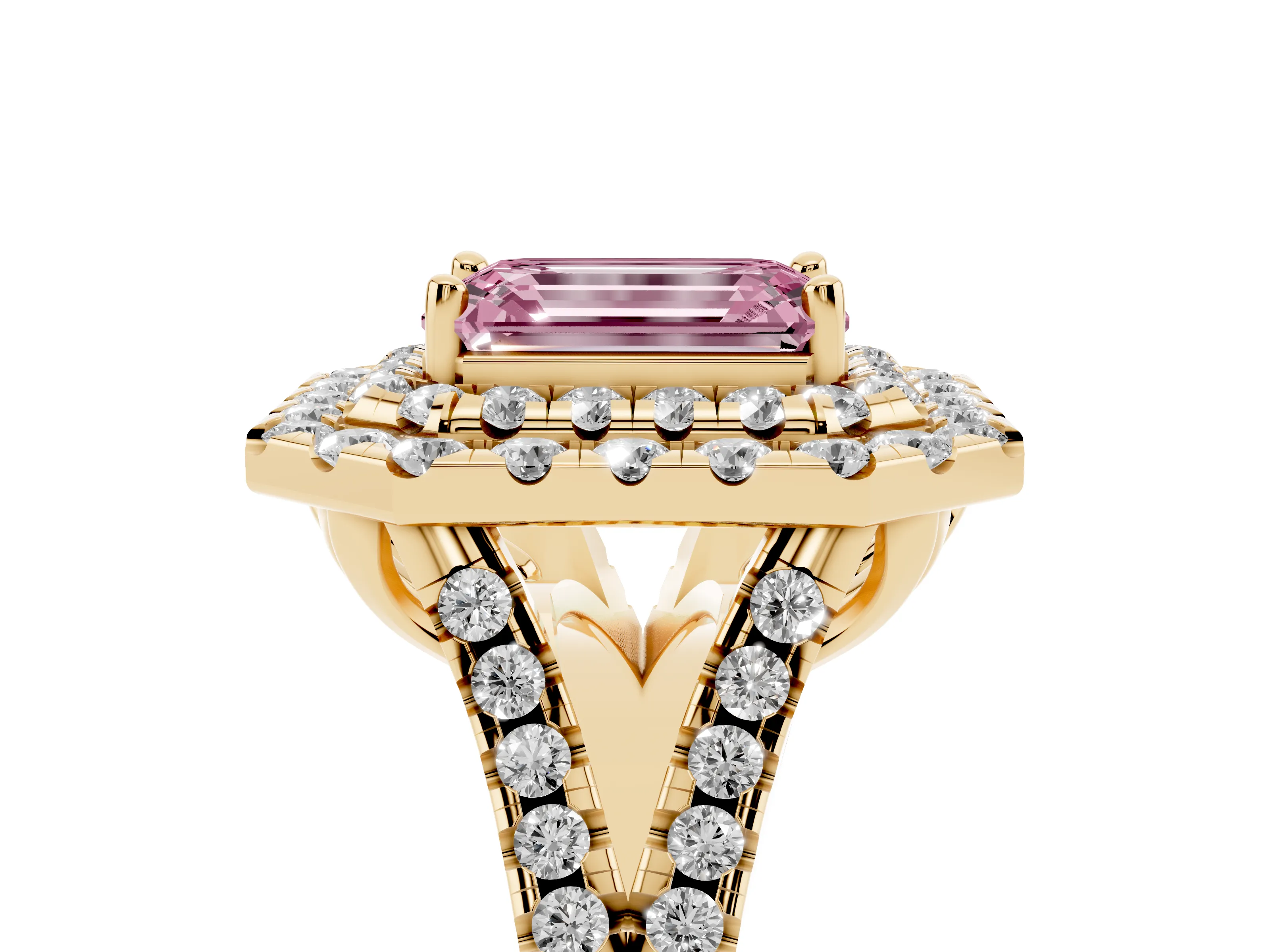 Fancy Pink Emerald Cut Diamond Double Halo Ring Set in Yellow gold with Pavé Split Shank and Prong Setting