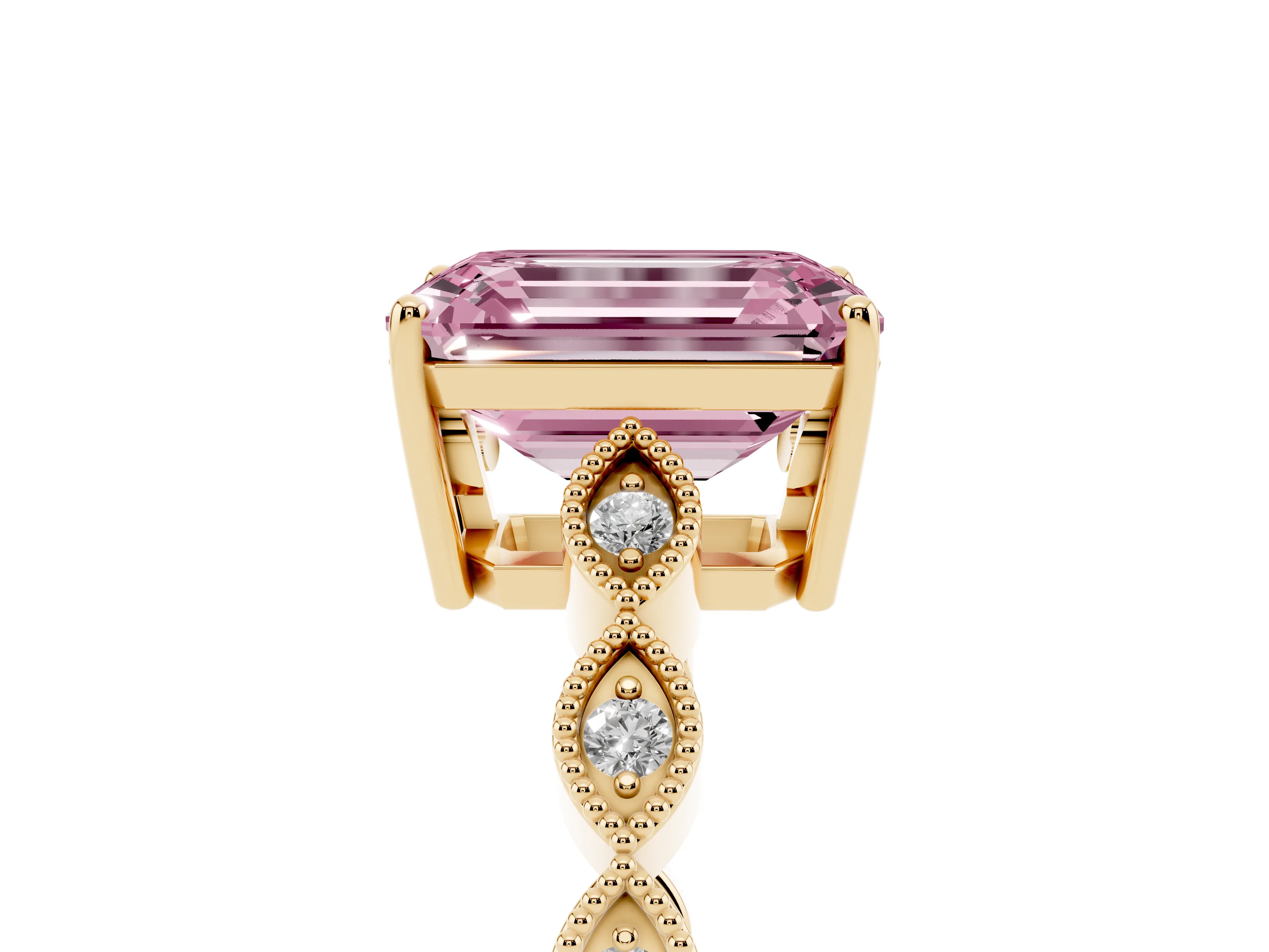 Fancy Pink Emerald Cut Diamond Solitaire Ring Set in Yellow gold with Infinity Twist Pavé Band