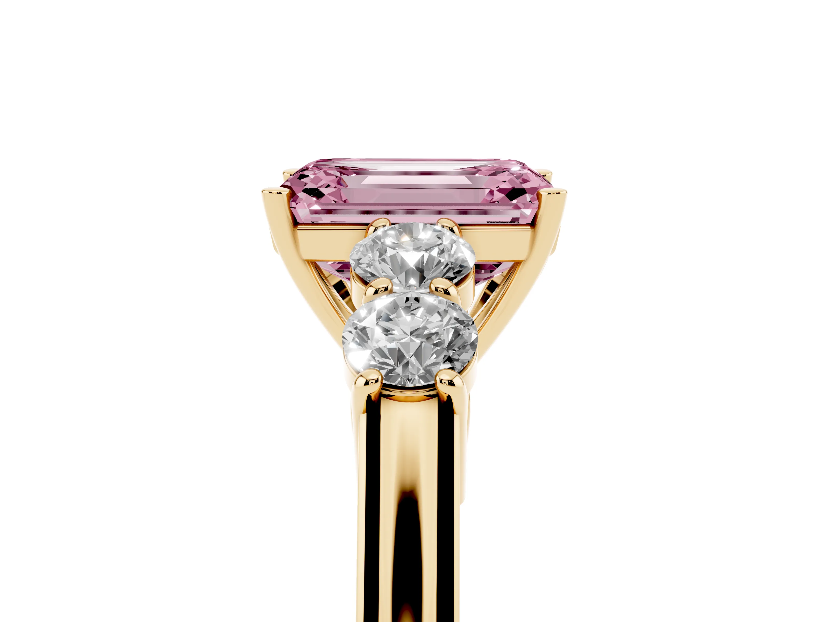 Fancy Pink Emerald Cut Diamond Five-Stone Prong Set Band Ring Set in Yellow gold with Polished Band