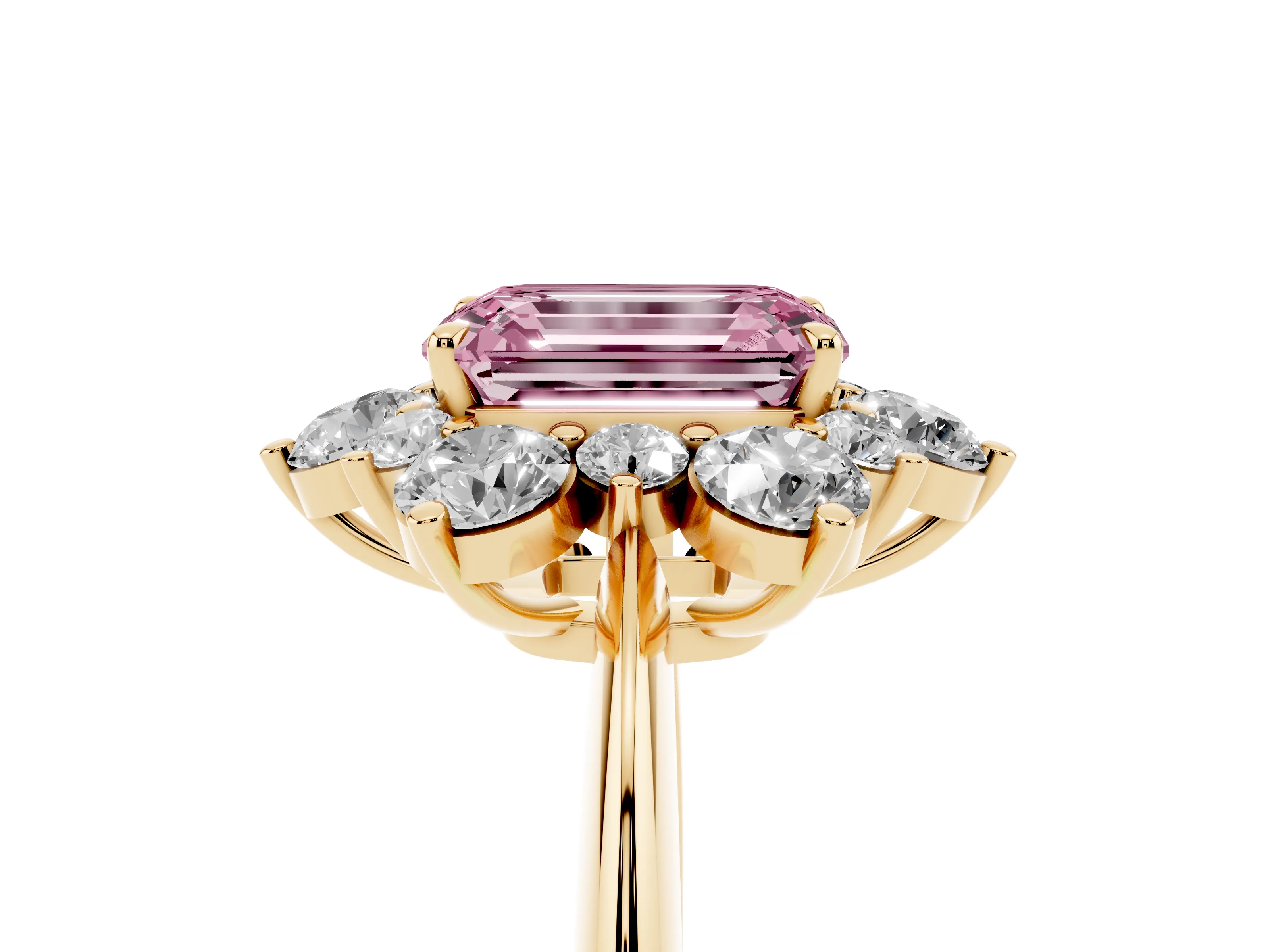 Fancy Pink Emerald Cut Diamond Cluster Halo Ring Set in Yellow gold with Solitaire Band and Prong Setting