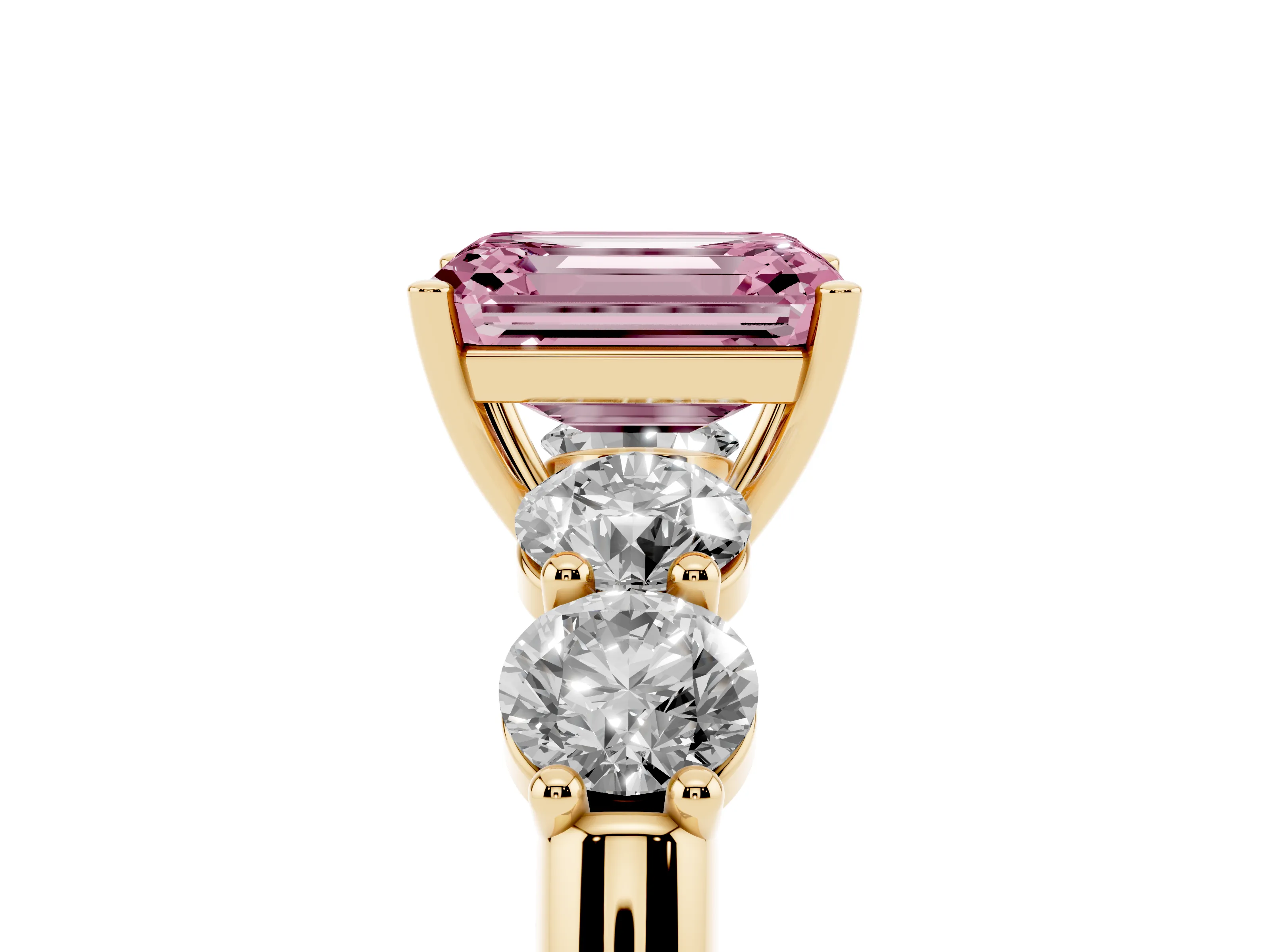 Fancy Pink Emerald Cut Diamond Five-Stone Prong Set Ring Set in Yellow gold with Classic Band