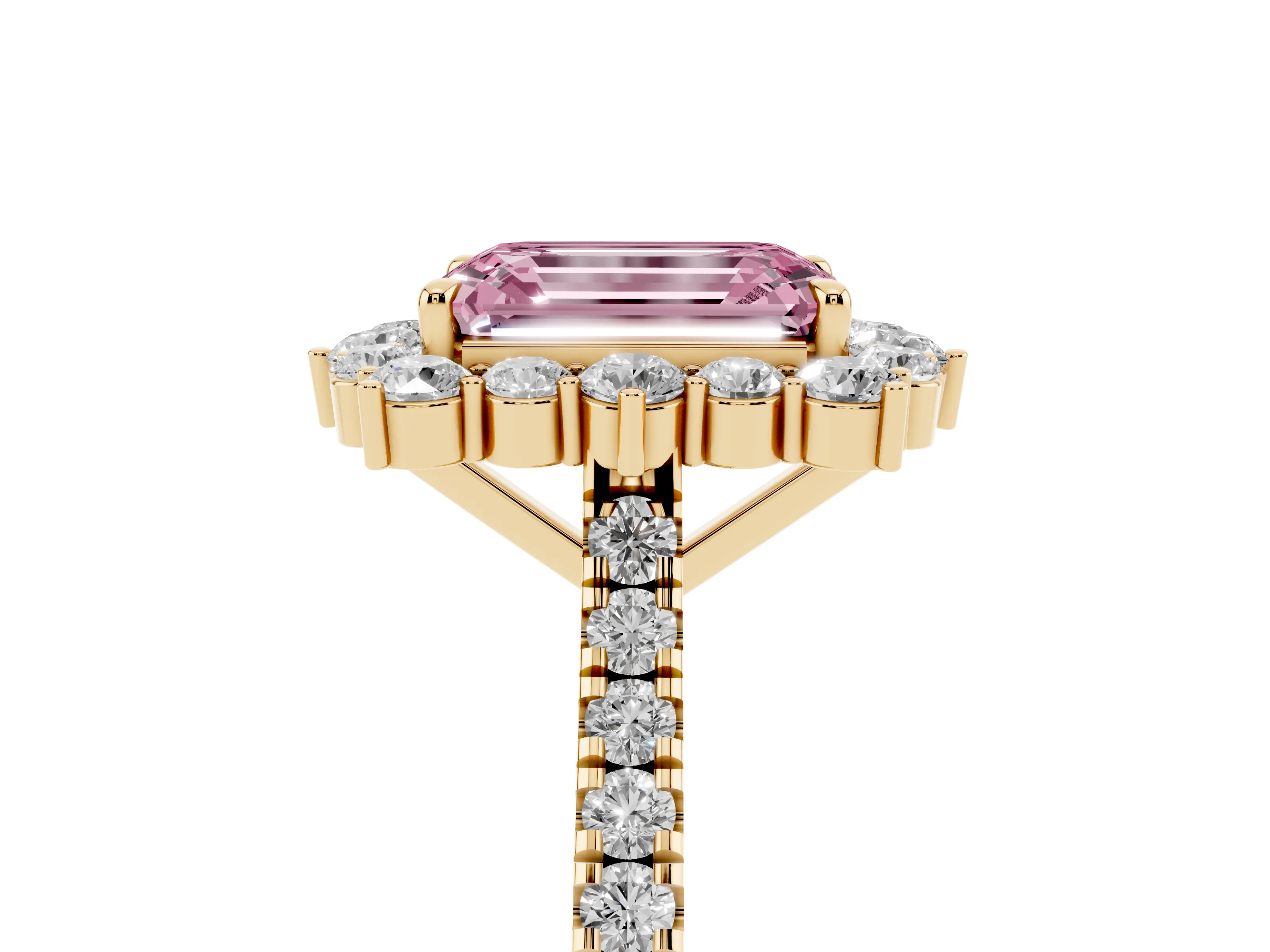 Fancy Pink Emerald Cut Diamond Halo Ring Set in Yellow gold with Pavé Band and Prong Setting