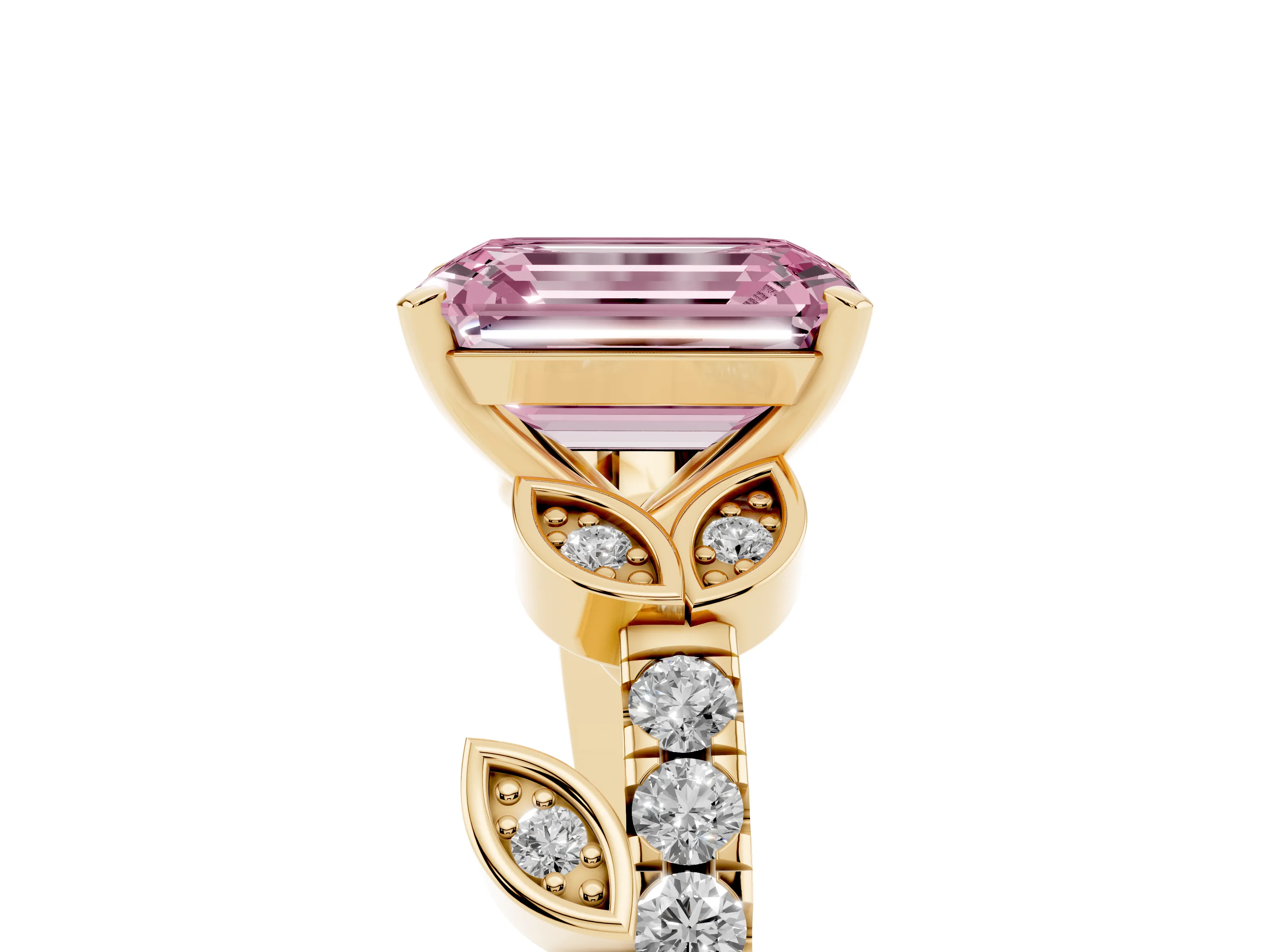 Fancy Pink Emerald Cut Diamond Solitaire Leaf-Inspired Ring Set in Yellow gold with Pavé Band and Prong Setting