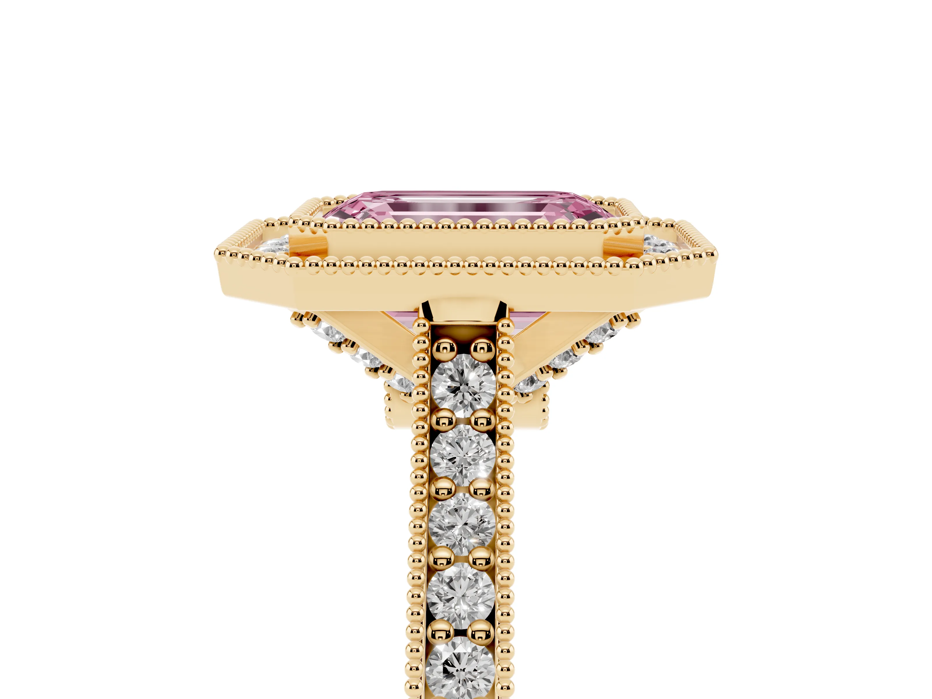 Fancy Pink Emerald Cut Diamond Halo Milgrain Pavé Band Ring Set in Yellow gold with Prong Setting