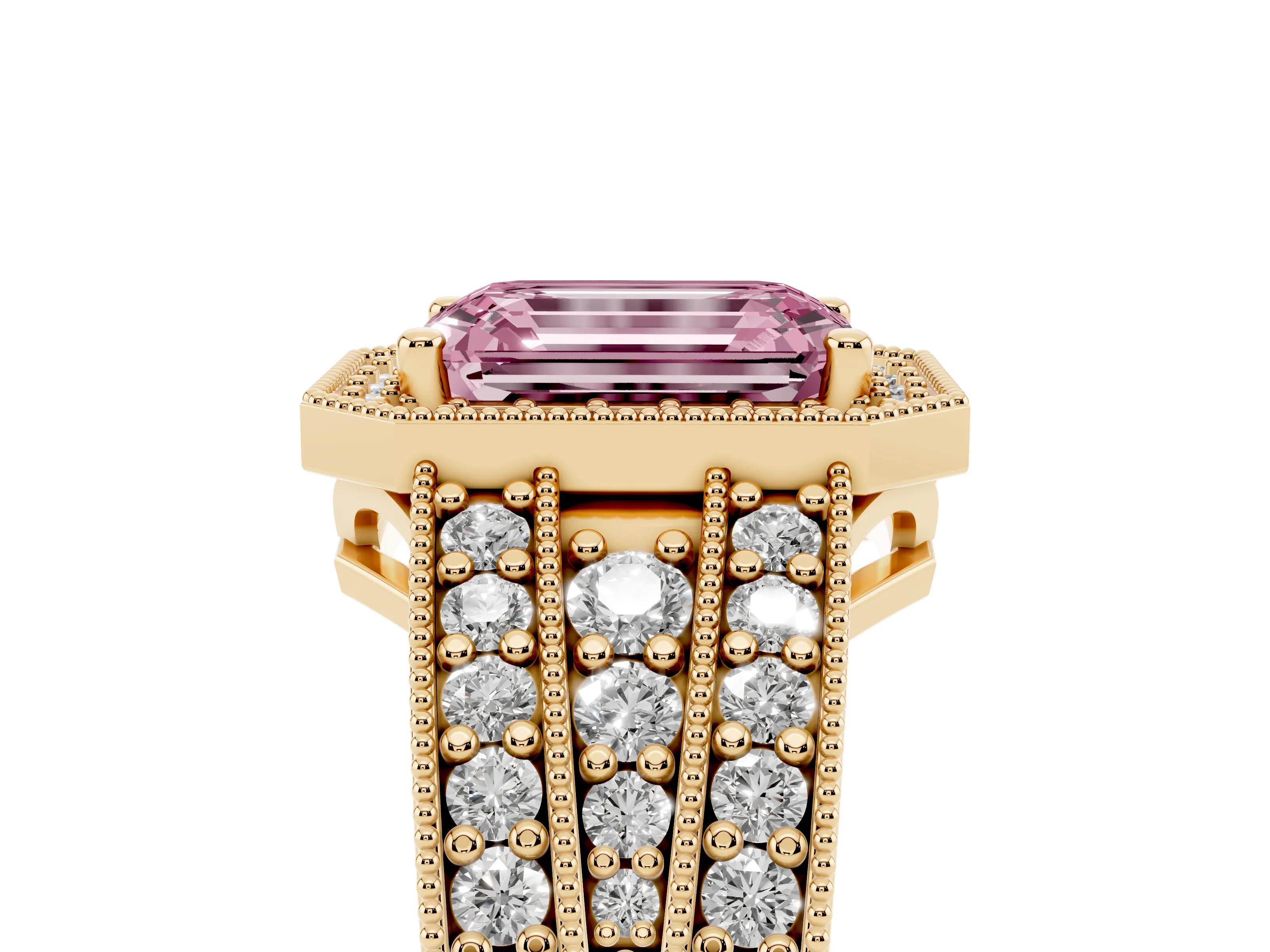 Fancy Pink Emerald Cut Diamond Halo Ring Set in Yellow gold with Accent Split Shank and Prong Setting