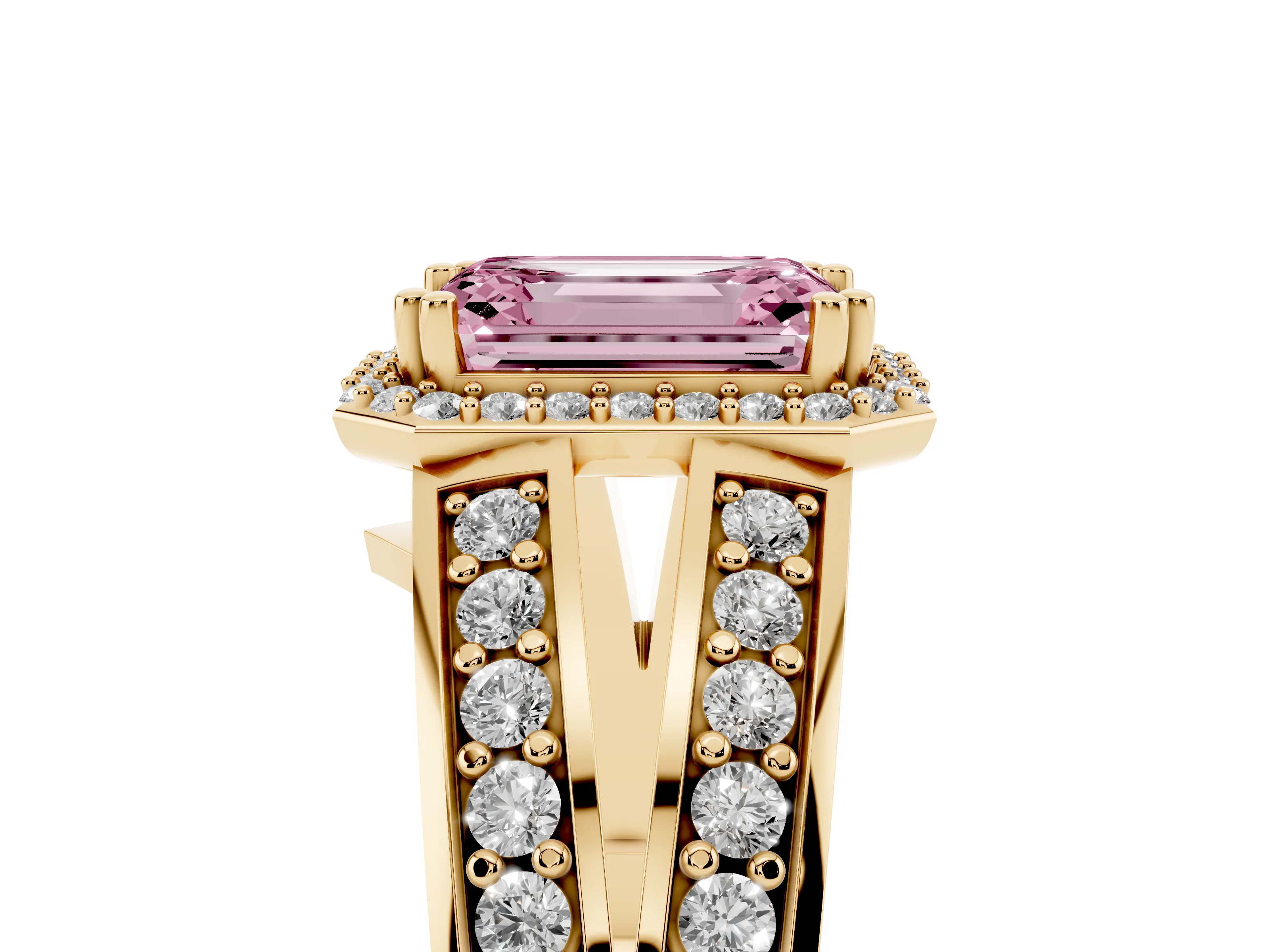 Fancy Pink Emerald Cut Diamond Halo Ring Set in Yellow gold with Double Pavé Split Shank