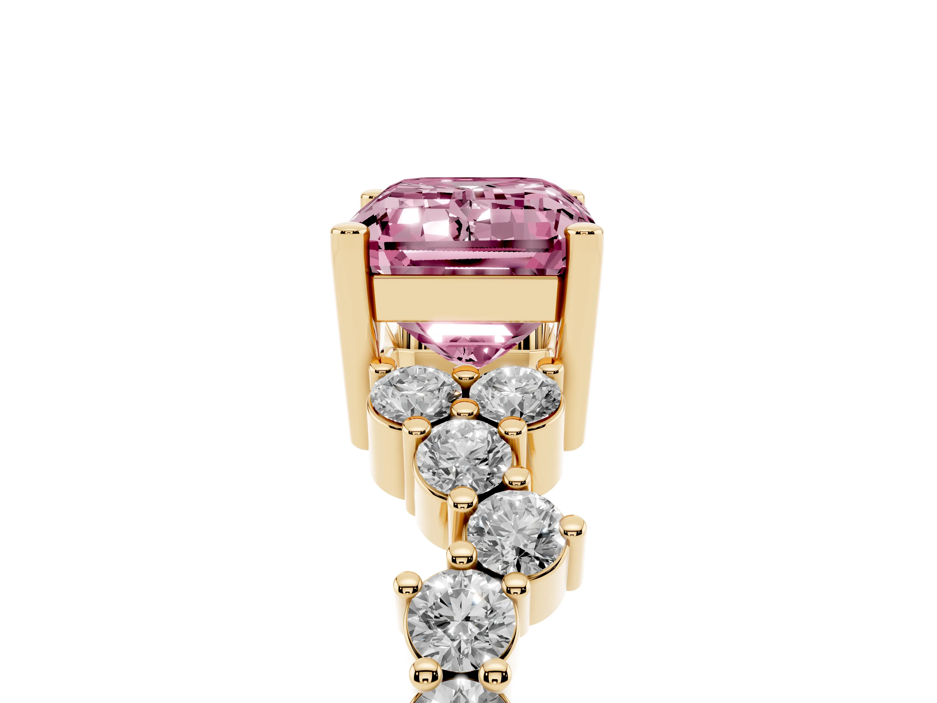 Fancy Pink Emerald Cut Diamond Ring Set in Yellow gold with Scattered Round Accents