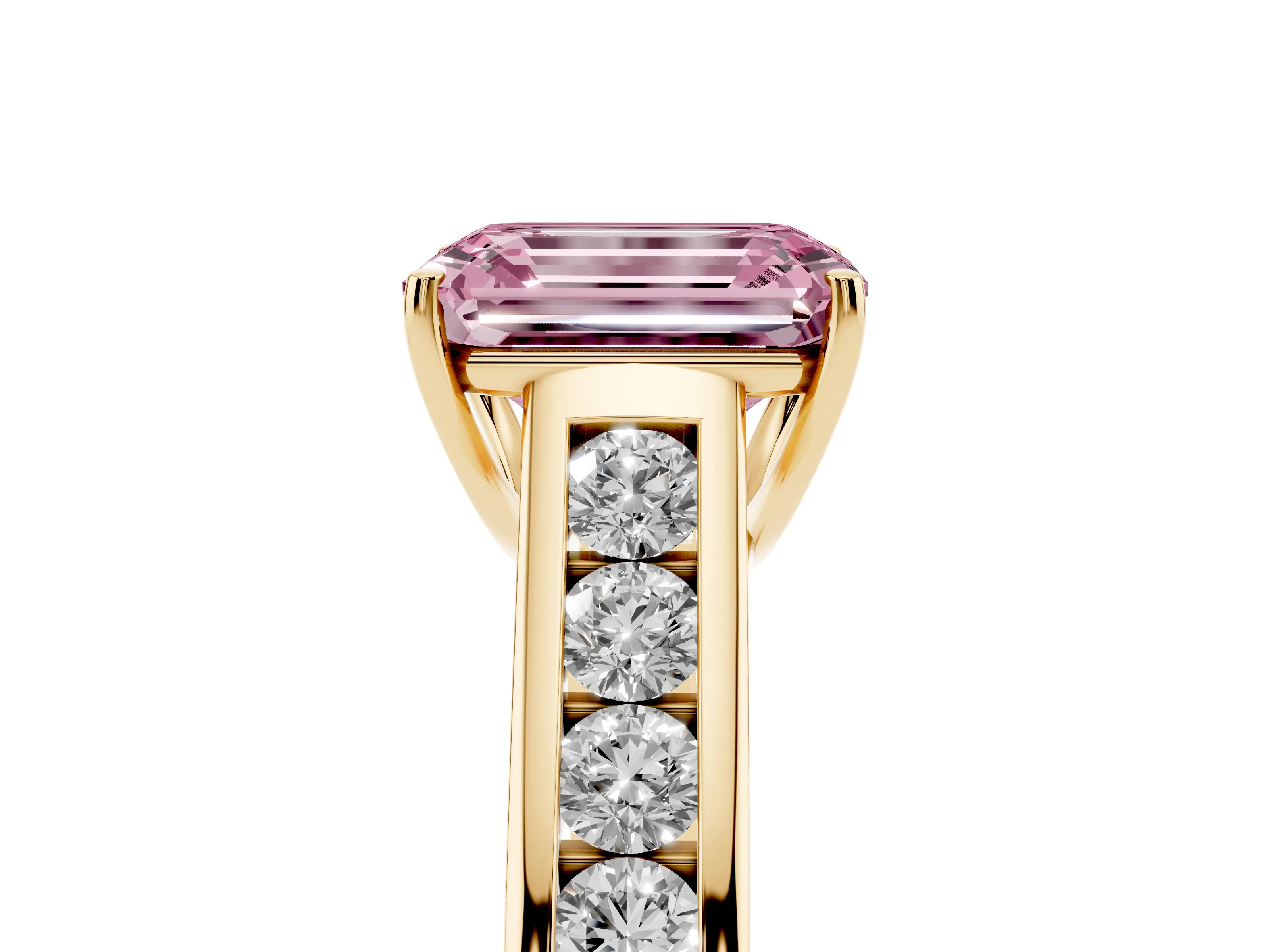 Fancy Pink Emerald Cut Diamond Brilliant Channel-Set Solitaire Ring Set in Yellow gold with Prong Setting