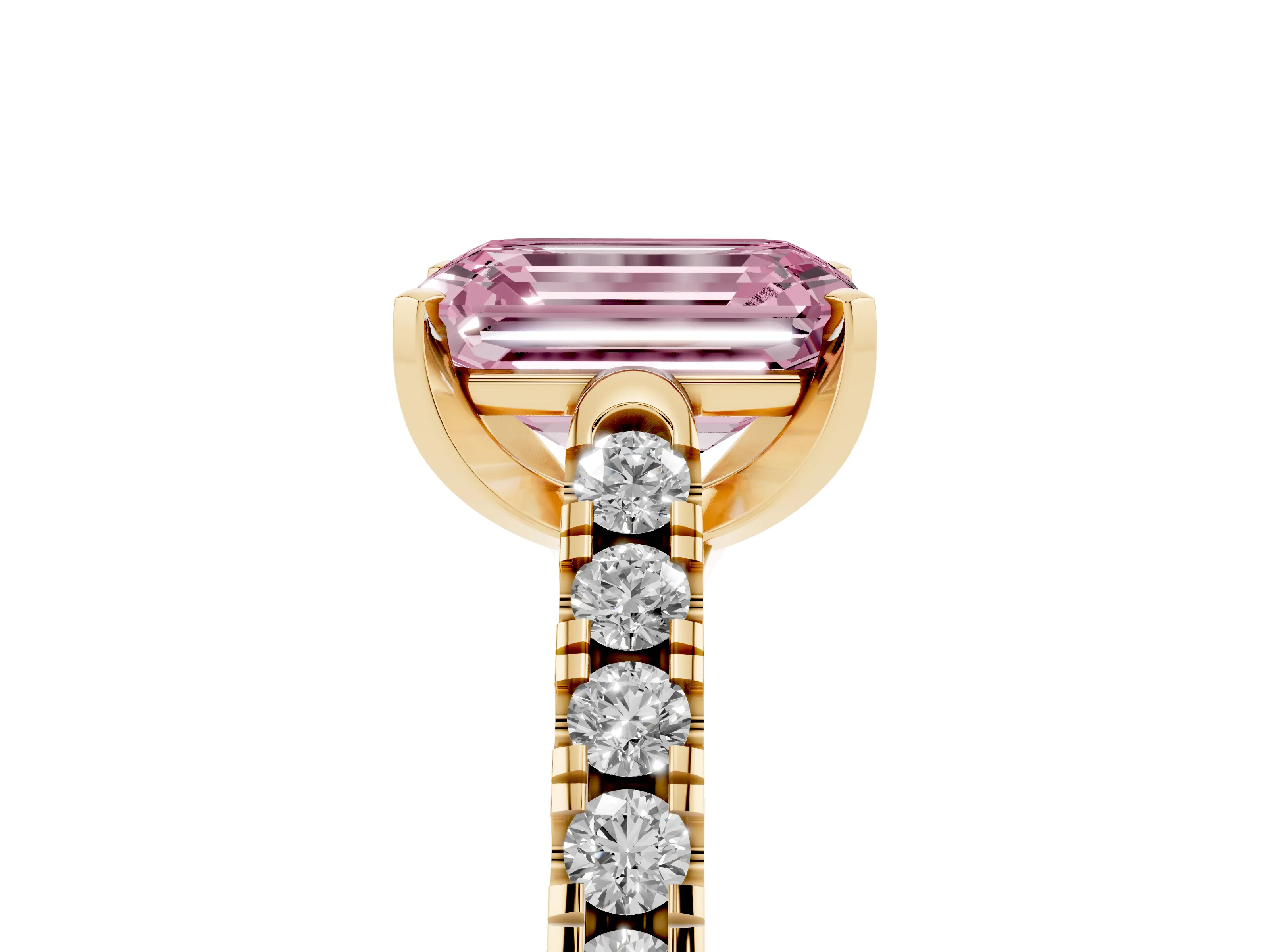 Fancy Pink Emerald Cut Diamond Pavé Band Solitaire Ring Set in Yellow gold with Partway Accent Stones and Prong Setting