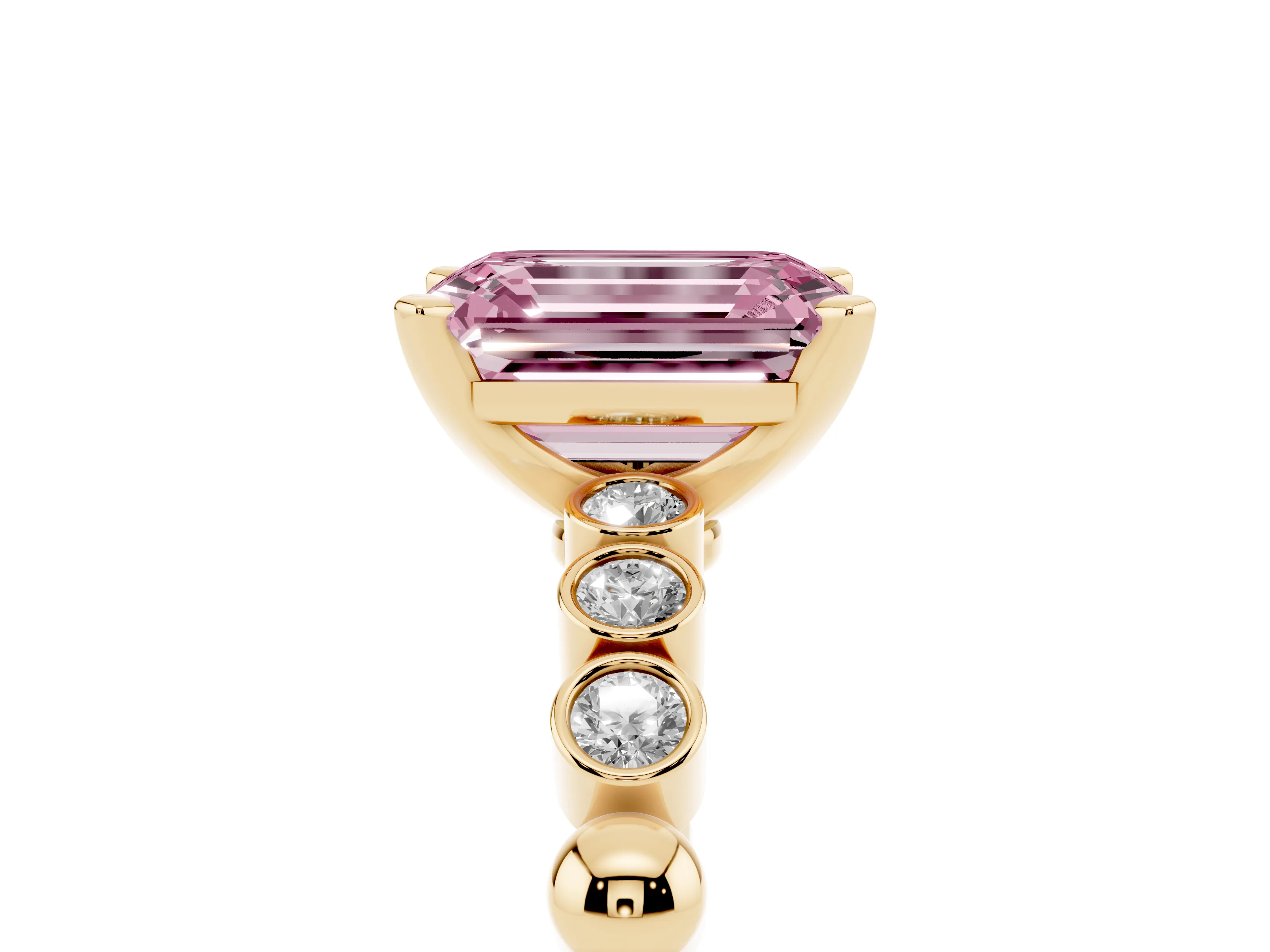 Fancy Pink Emerald Cut Diamond Solitaire Engagement Ring Set in Yellow gold with Bezel Accents on Beaded Band