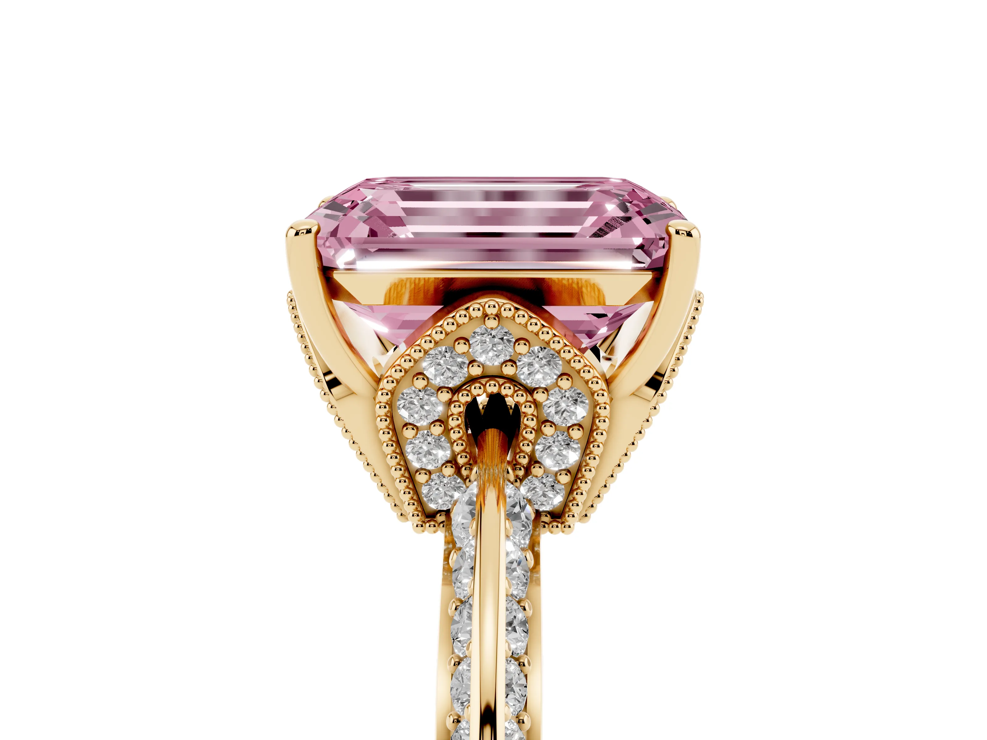 Fancy Pink Emerald Cut Diamond Solitaire Engagement Ring Set in Yellow gold with Pavé Split Shank and Prong Setting