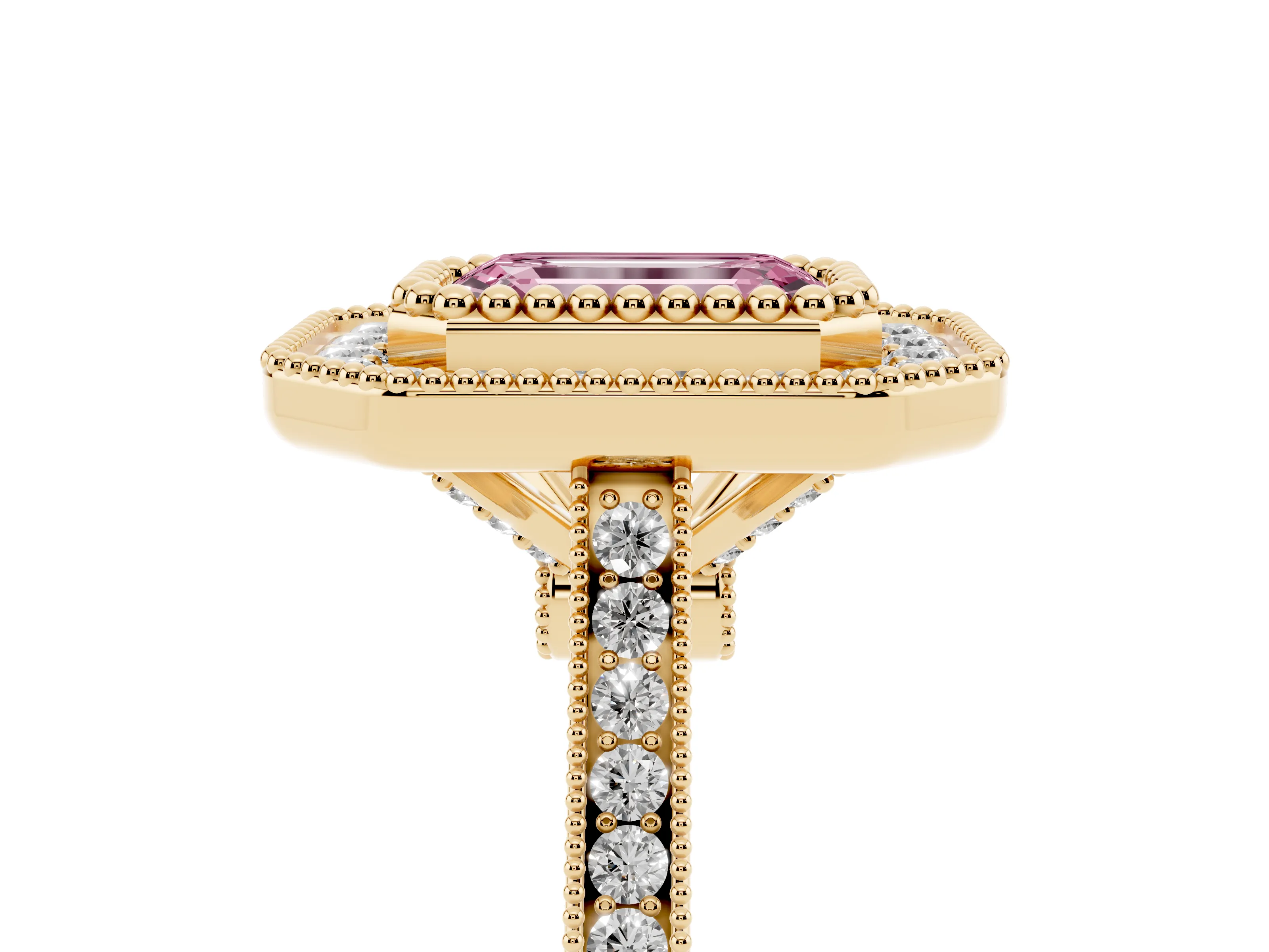 Fancy Pink Emerald Cut Diamond Halo Ring Set in Yellow gold with Milgrain Frame and Pavé Band