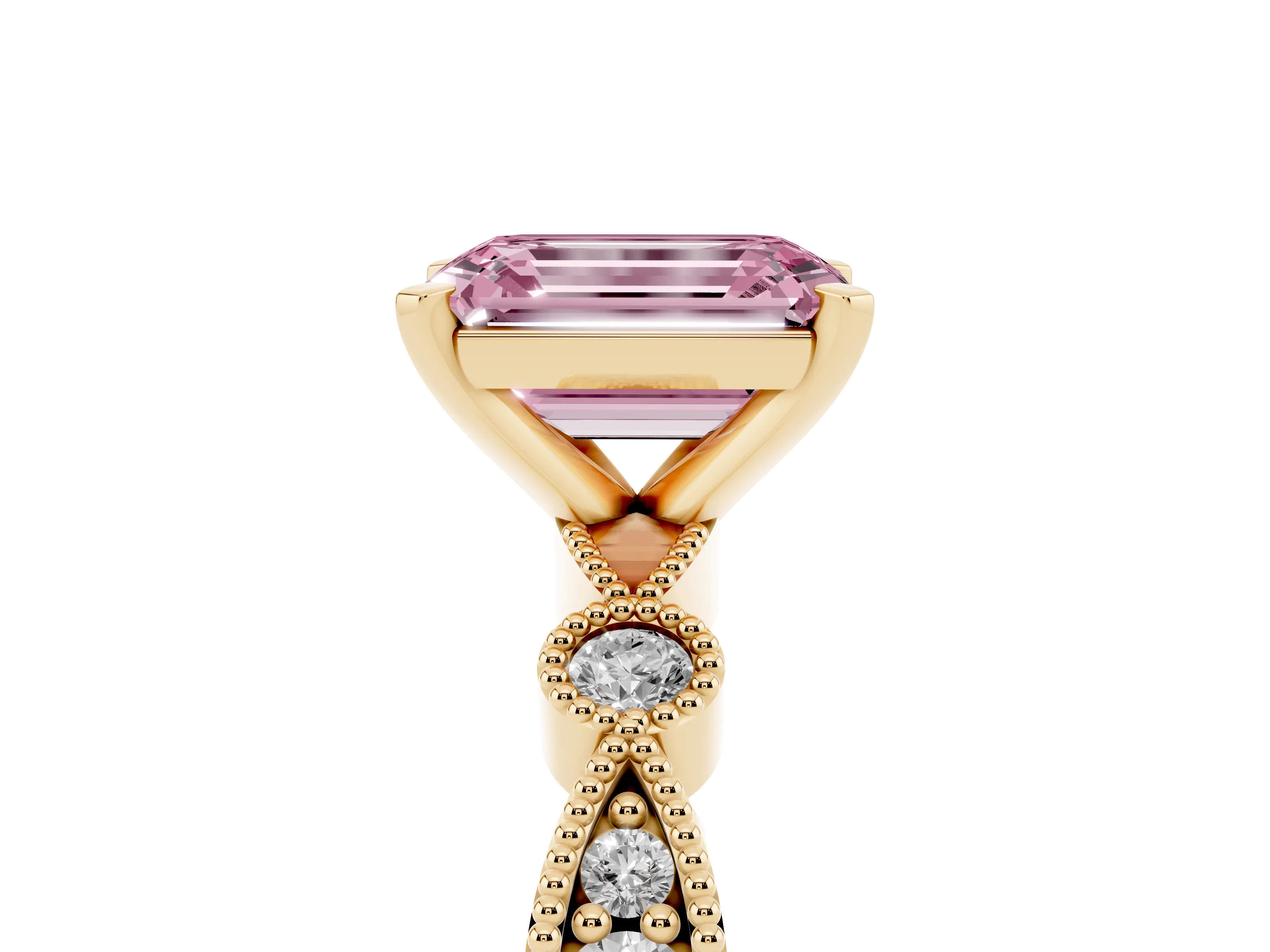 Fancy Pink Emerald Cut Diamond Solitaire Engagement Ring Set in Yellow gold with Milgrain Bezel Accent Band