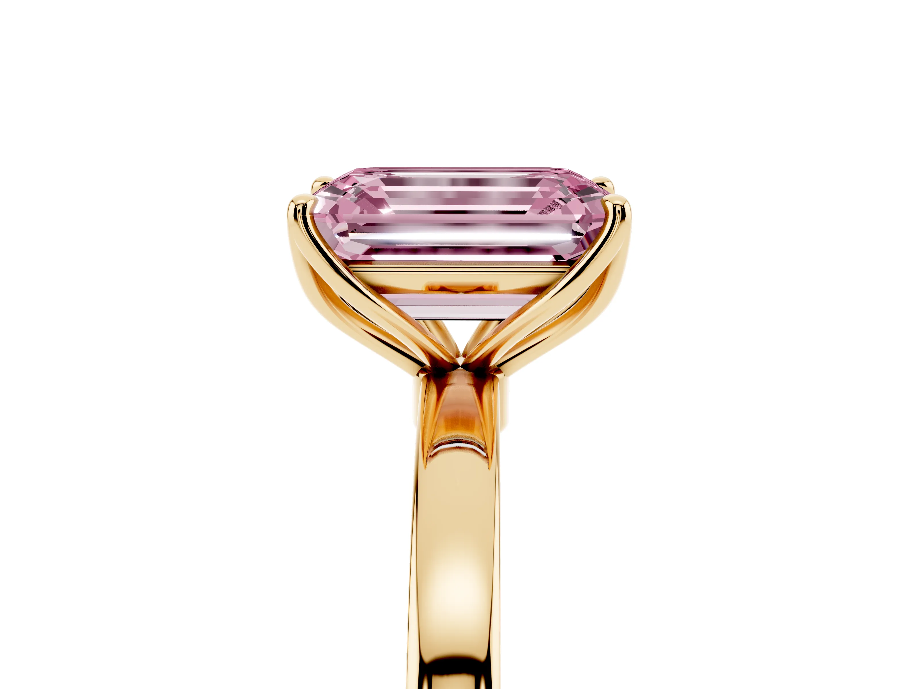 Fancy Pink Emerald Cut Diamond Solitaire Ring Set in Yellow gold with Prong Setting and Thin Polished Band