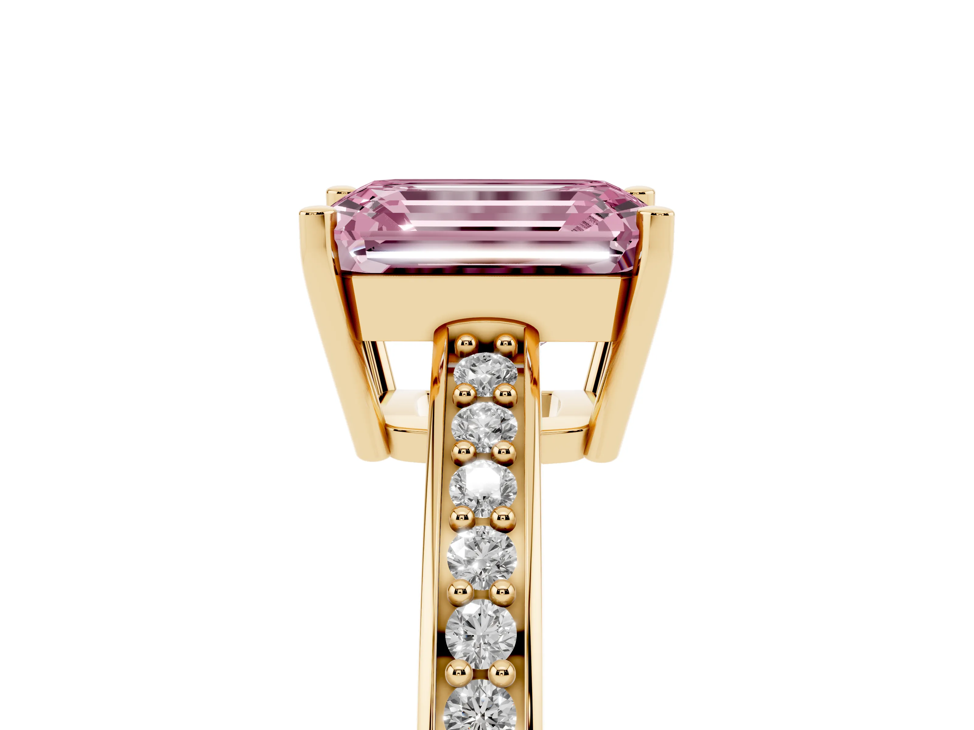 Fancy Pink Emerald Cut Diamond Pavé Band Prong Set Solitaire Ring Set in Yellow gold