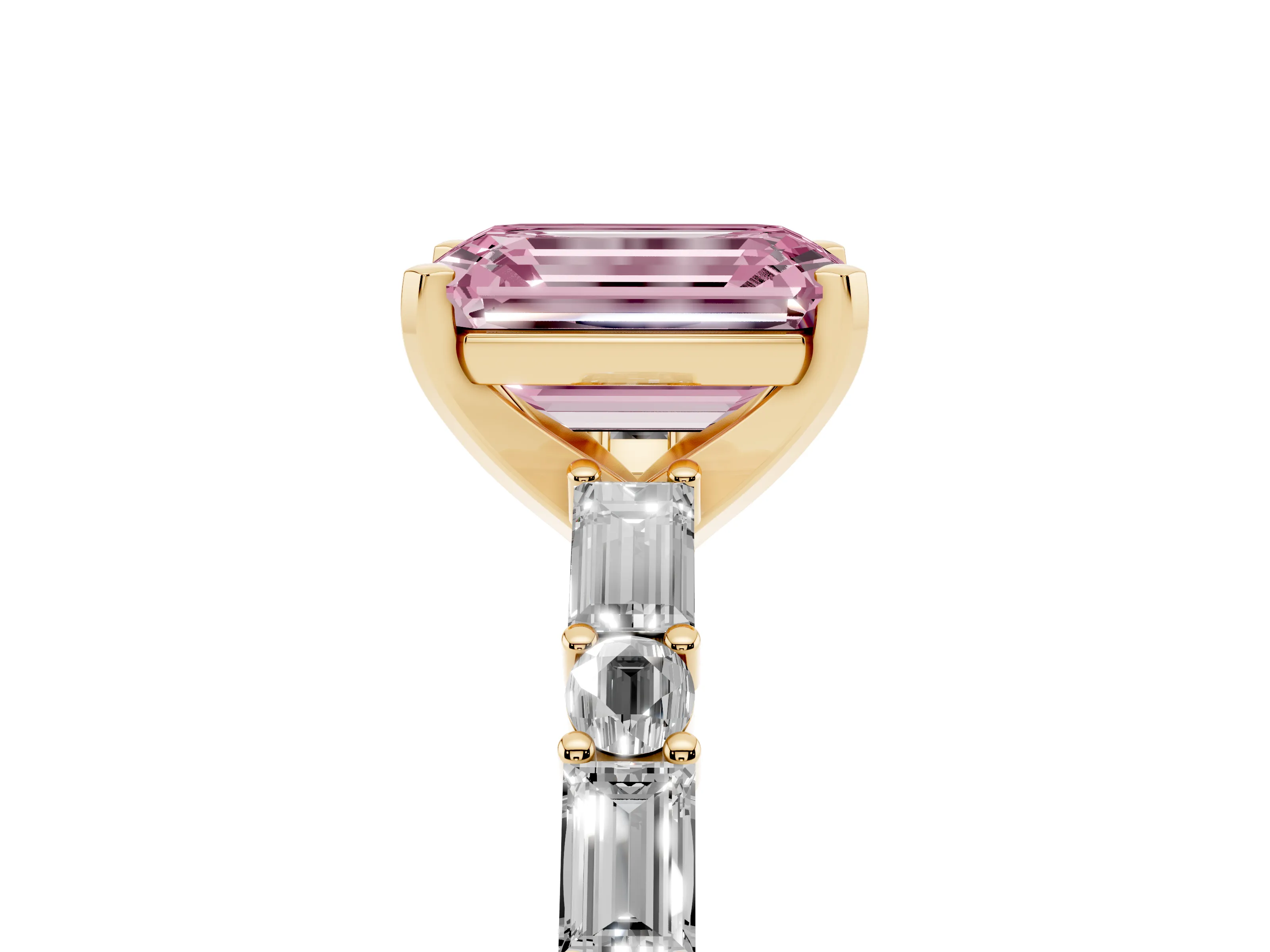 Fancy Pink Emerald Cut Diamond Solitaire Set in Yellow gold with Side Baguettes and Channel Set Band