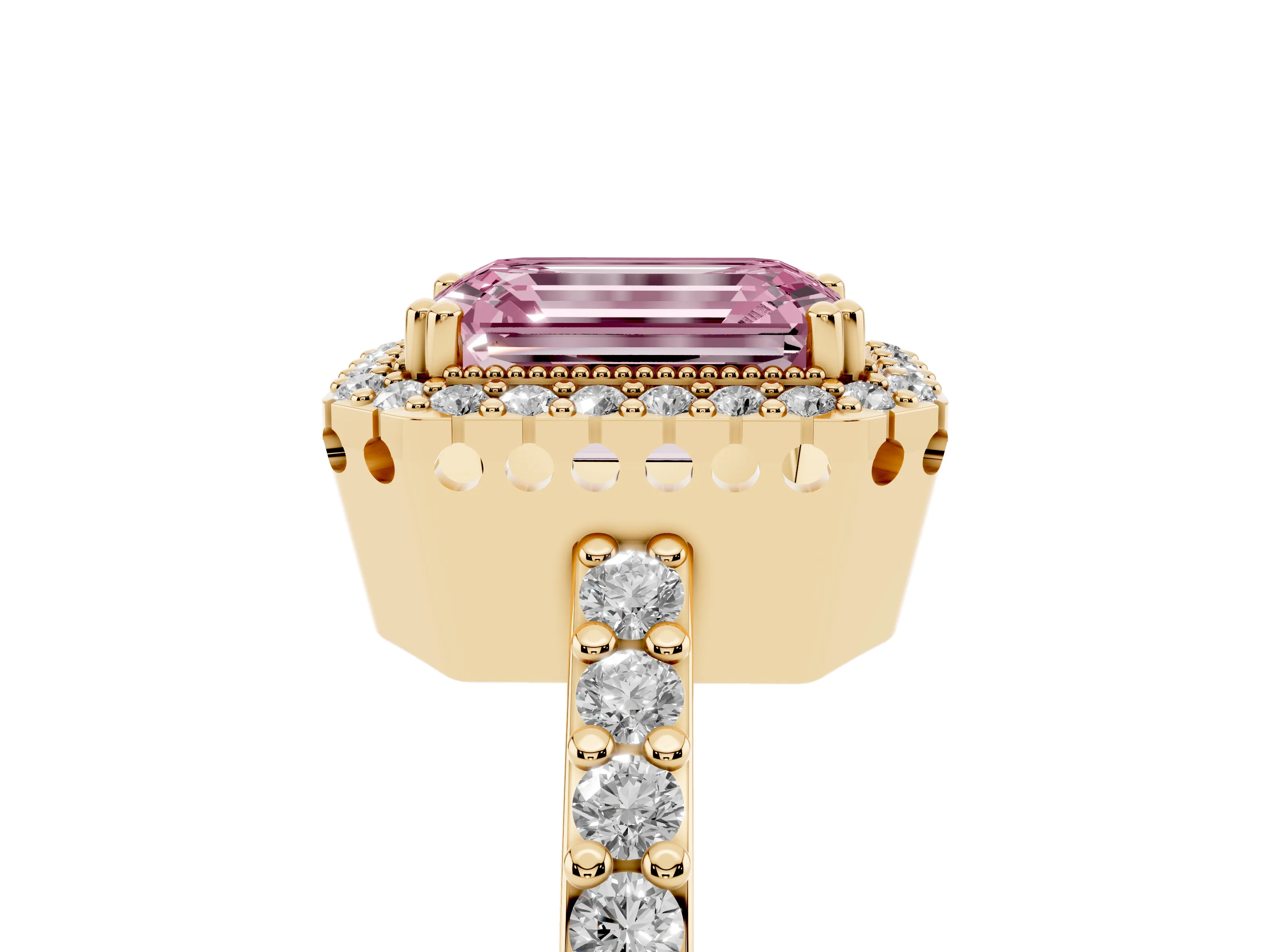 Fancy Pink Emerald Cut Diamond Halo Engagement Ring Set in Yellow gold with Milgrain Detail and Pavé Band