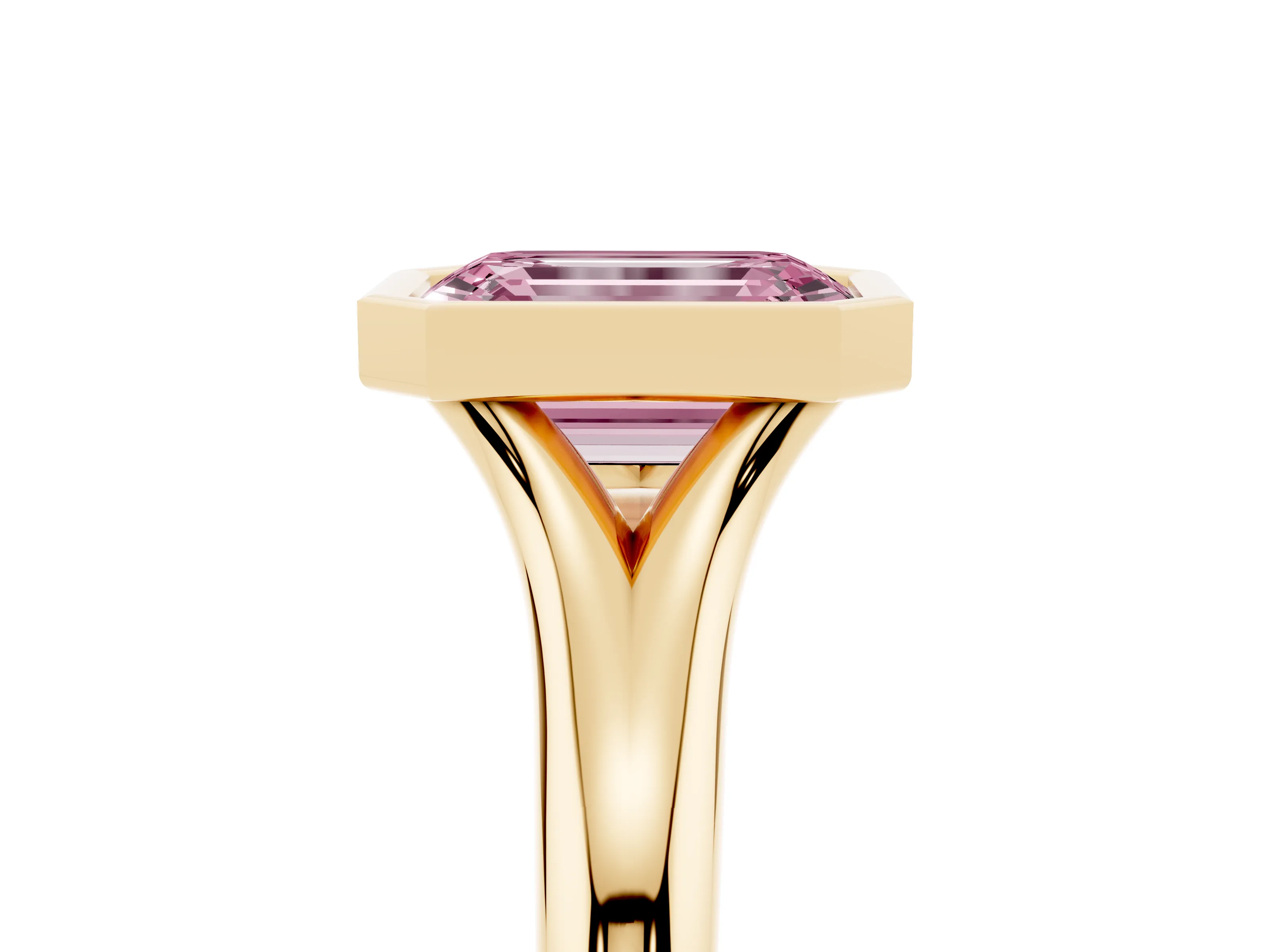 Fancy Pink Bezel Set Emerald Cut Diamond Solitaire Ring Set in Yellow gold with Smooth Band