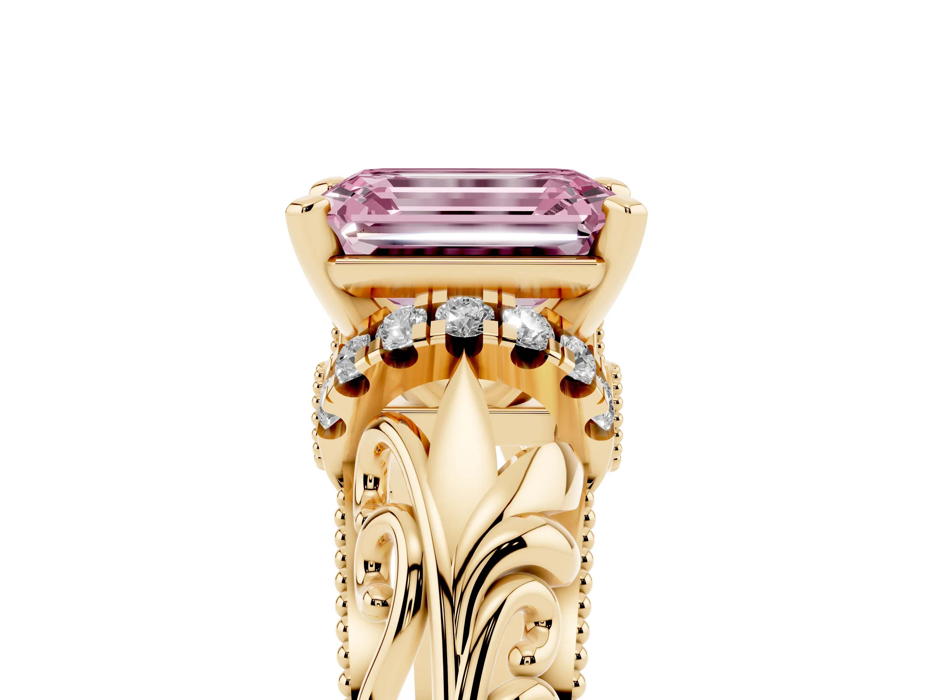 Fancy Pink Emerald Cut Diamond Filigree Halo Engagement Ring Set in Yellow gold with Prong Setting