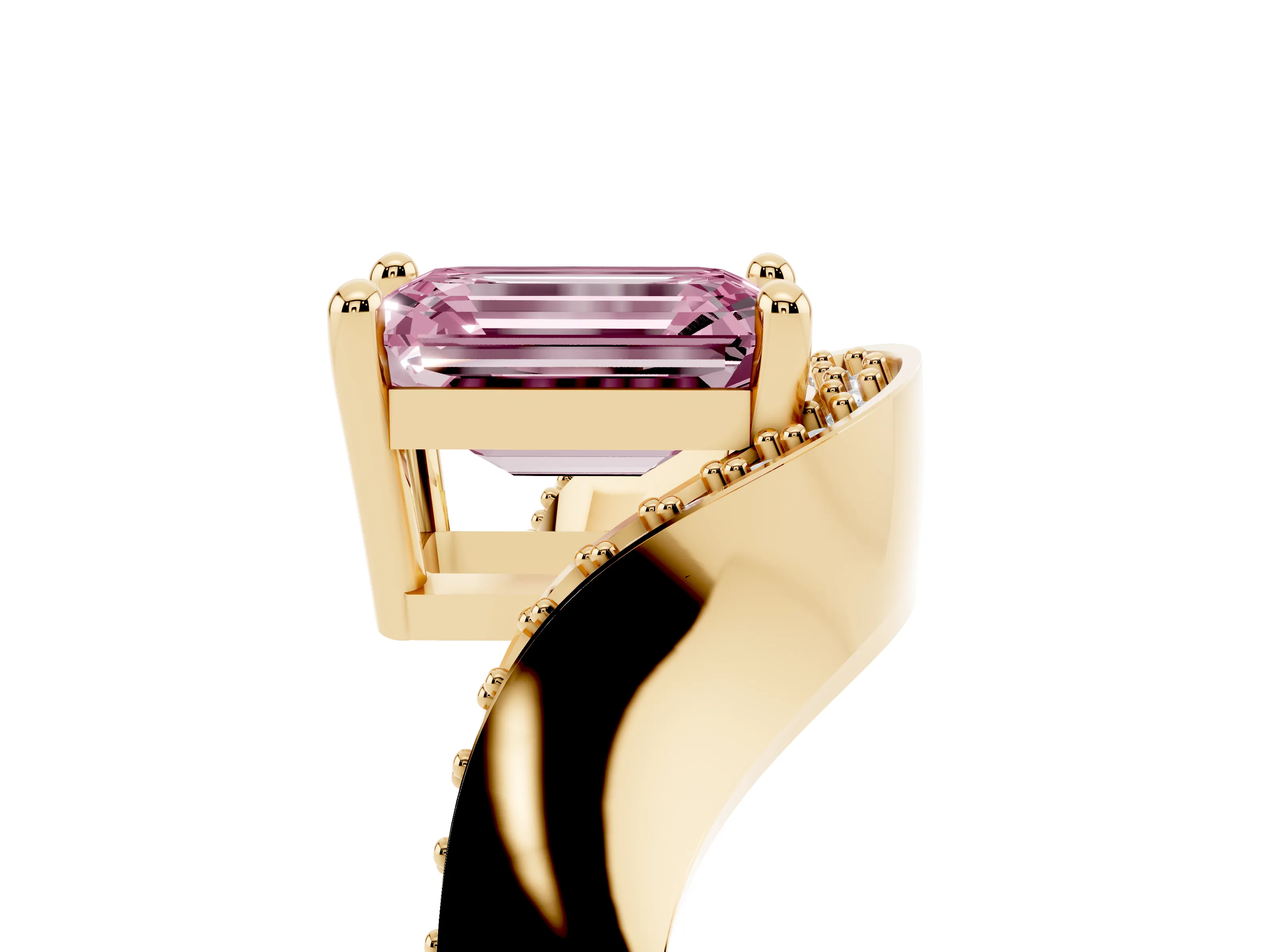 Fancy Pink Emerald Cut Diamond Solitaire Engagement Ring Set in Yellow gold with Pavé Shoulders