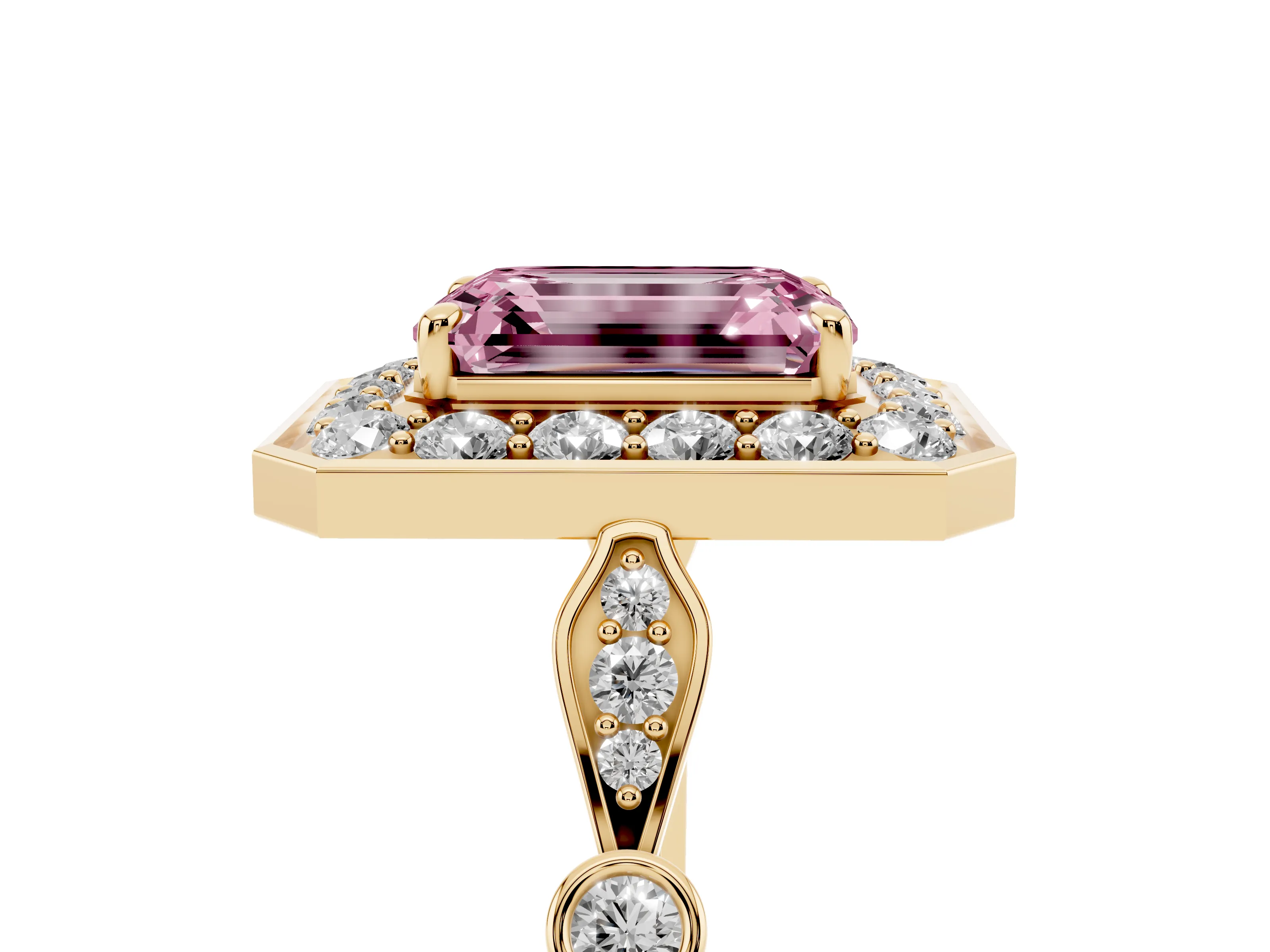 Fancy Pink Emerald Cut Diamond Halo Engagement Ring Set in Yellow gold with Twisted Band and Prong Setting