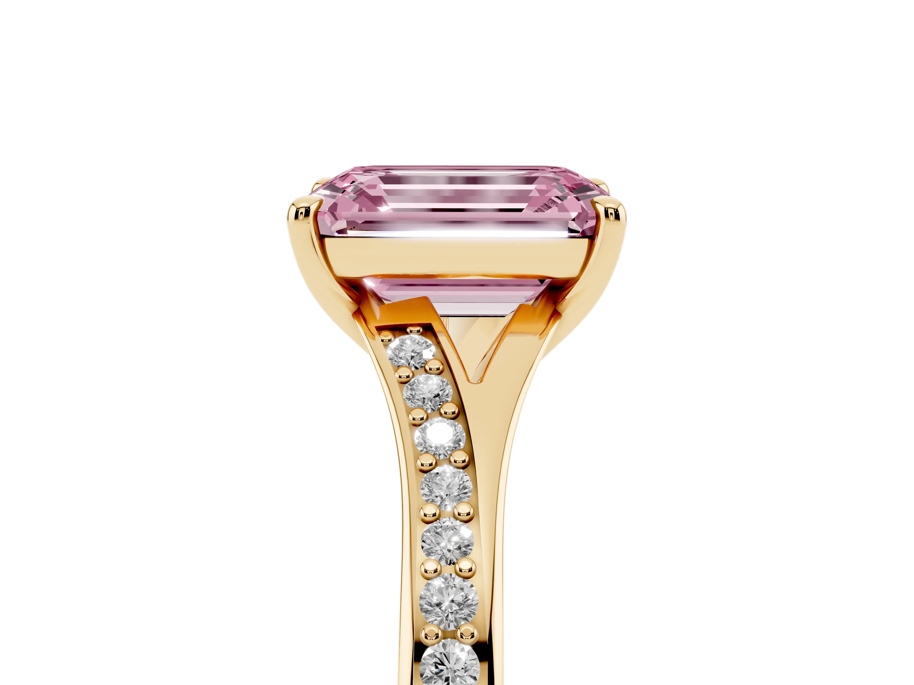 Fancy Pink Emerald Cut Diamond Solitaire Ring Set in Yellow gold with Pavé Accent Band and Classic Prong Setting
