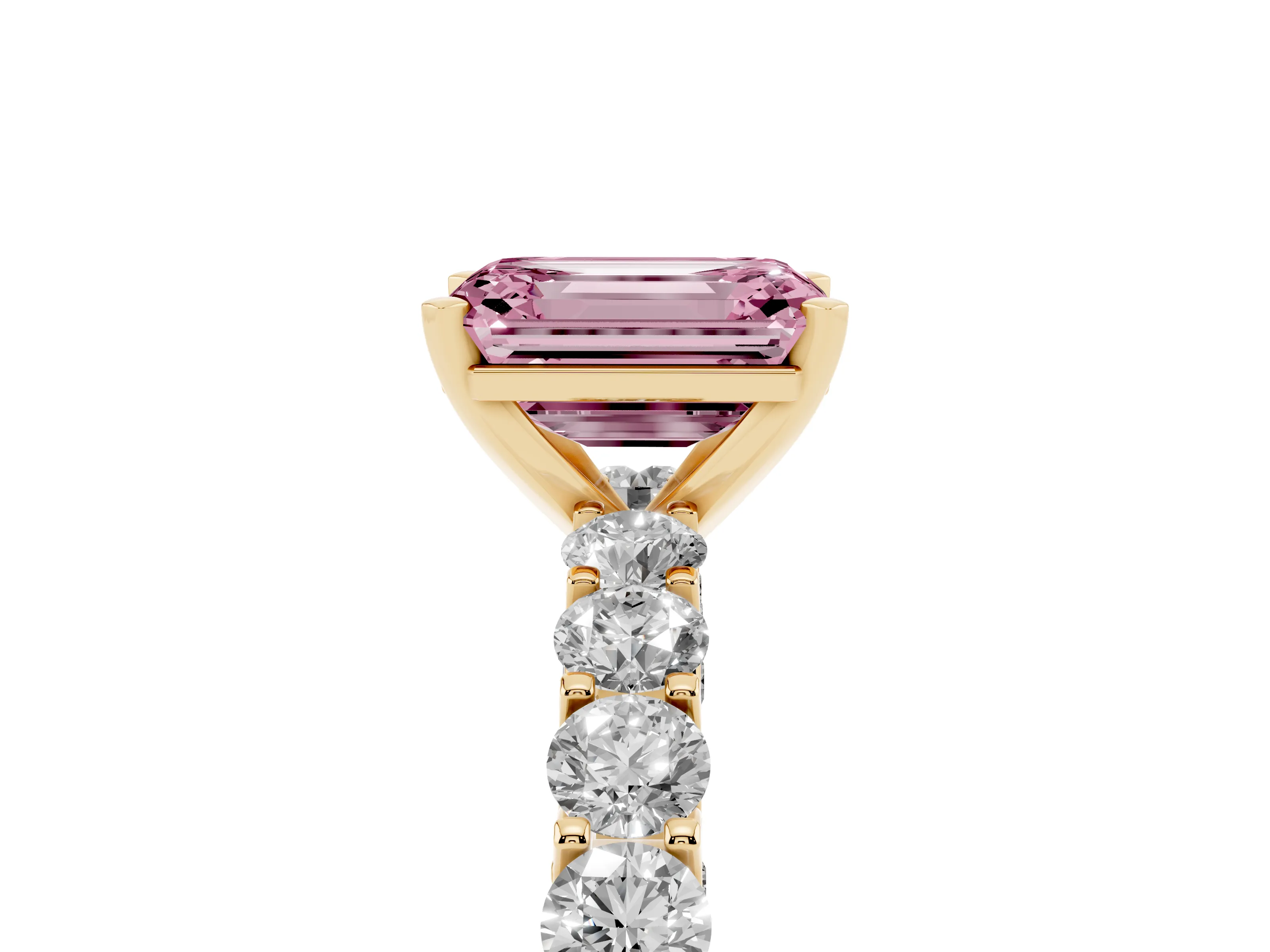 Fancy Pink Emerald Cut Diamond Solitaire Ring Set in Yellow gold with Shared Prong Pavé Band