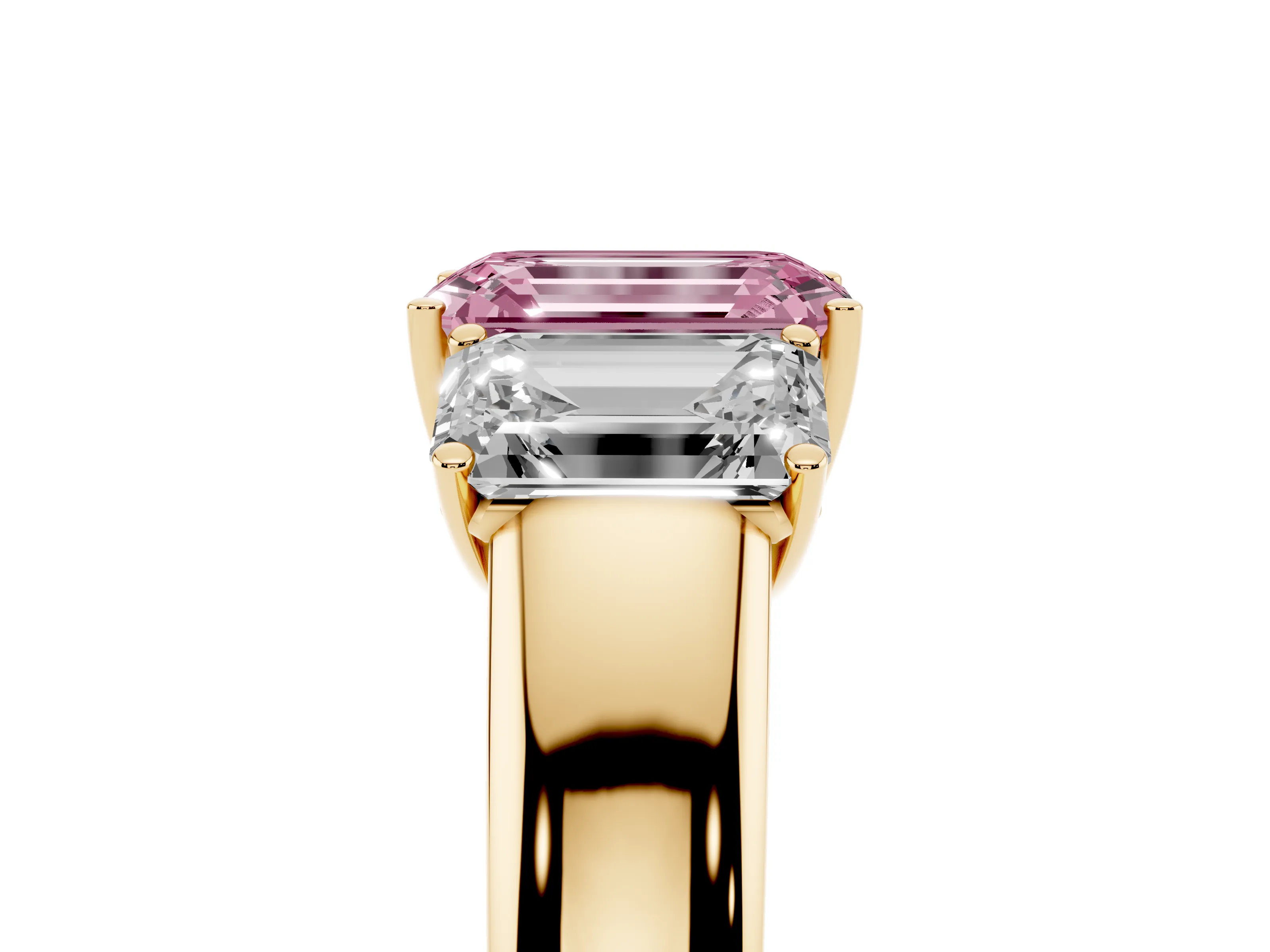 Fancy Pink Three-Stone Emerald Cut Diamond Ring Set in Yellow gold with Matching Prong Settings and Plain Band