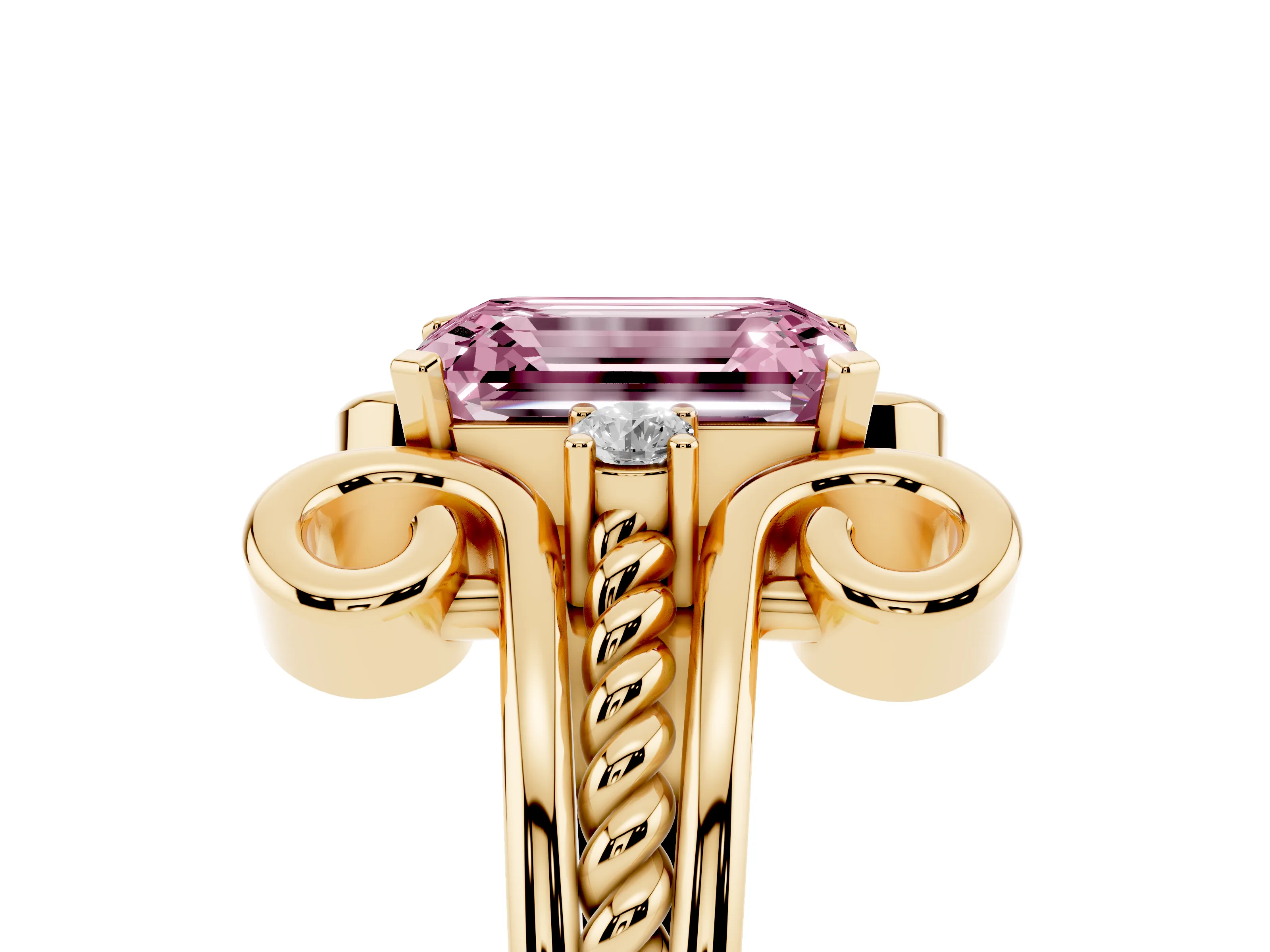 Fancy Pink Emerald Cut Diamond Twisted Band Solitaire Ring Set in Yellow gold with Scroll Prongs