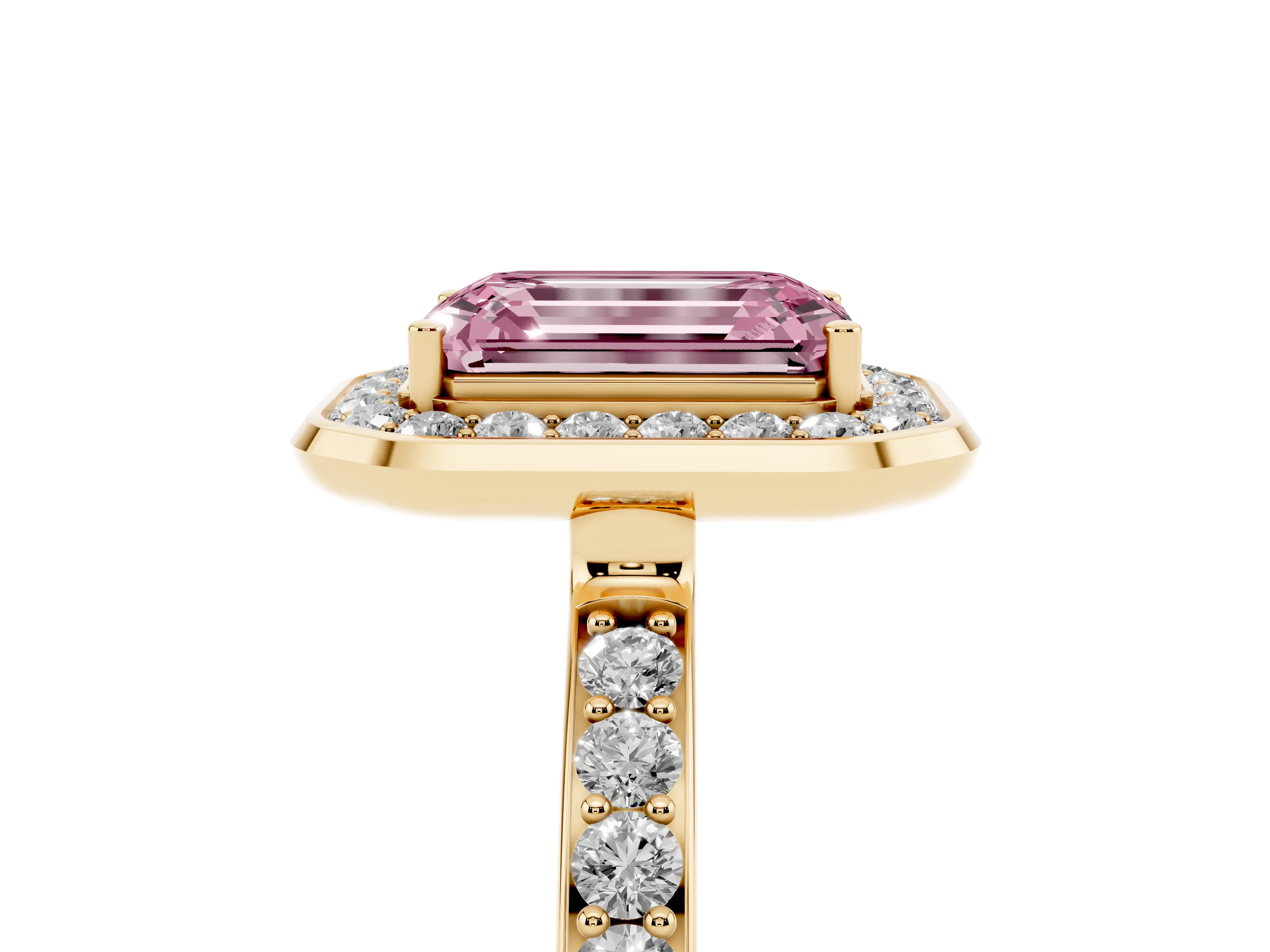 Fancy Pink Emerald Cut Diamond Halo Ring Set in Yellow gold with Bezel Frame and Pavé Band